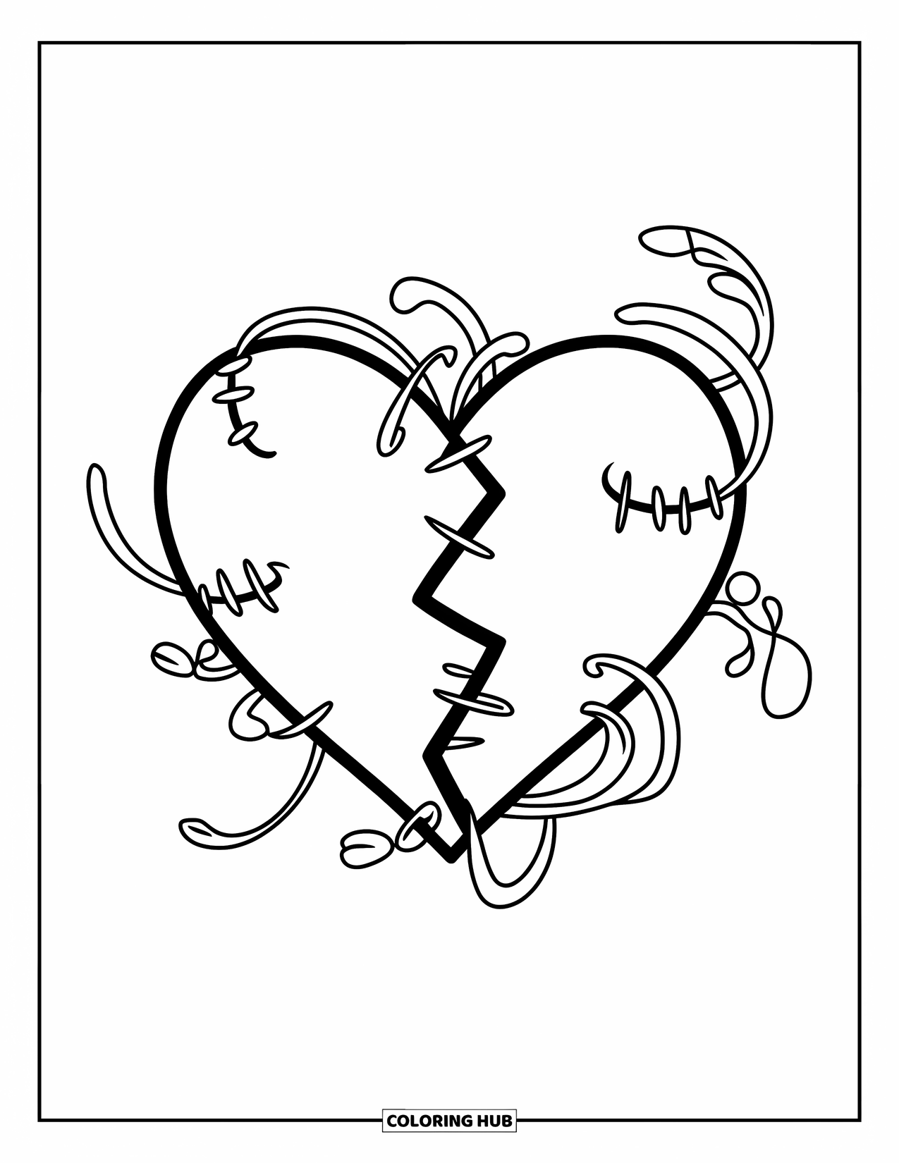 Broken Heart Coloring Page for Kids: Swirling threads and swirls wrap around a stitched broken heart