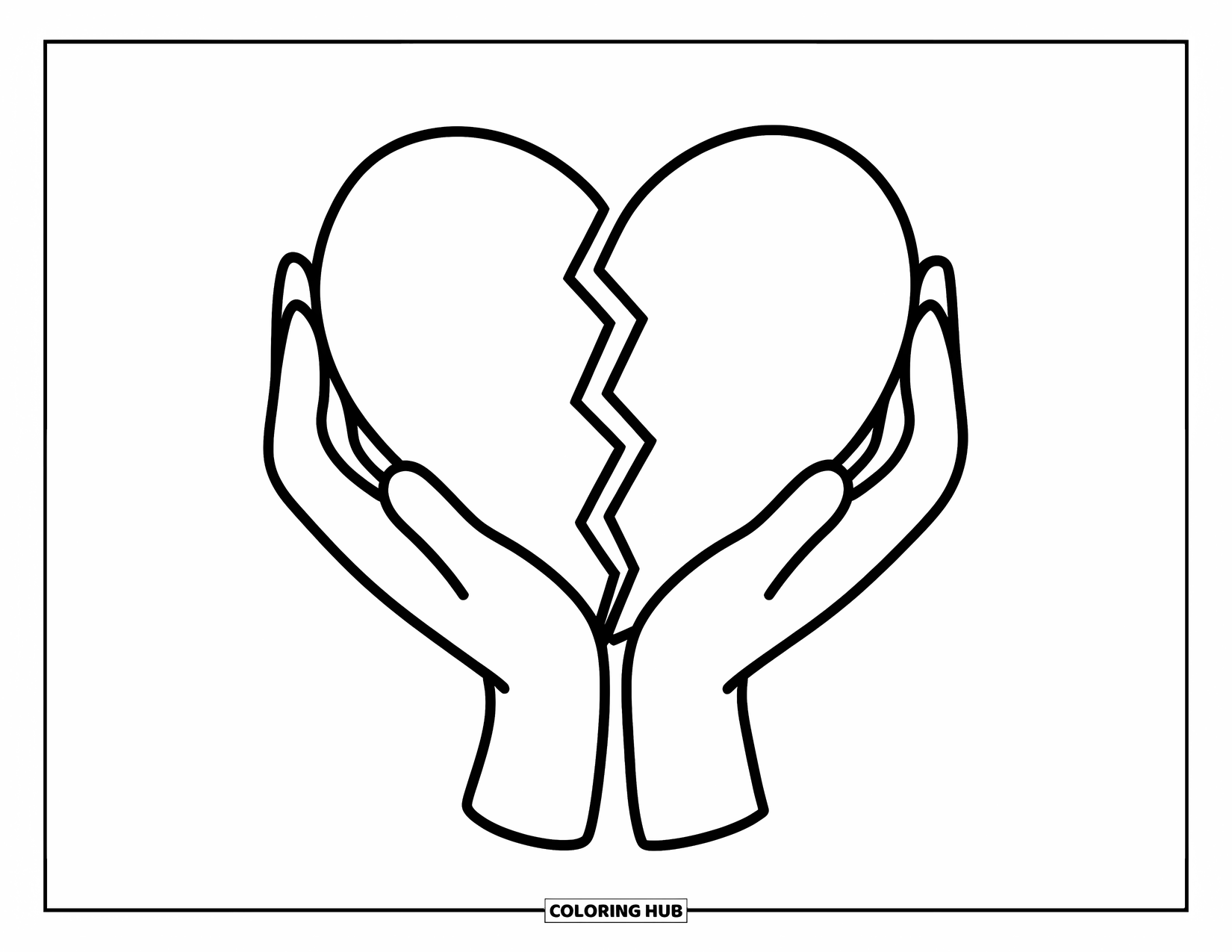 Broken Heart Coloring Page for Kids: Two hands gently cradle a broken heart
