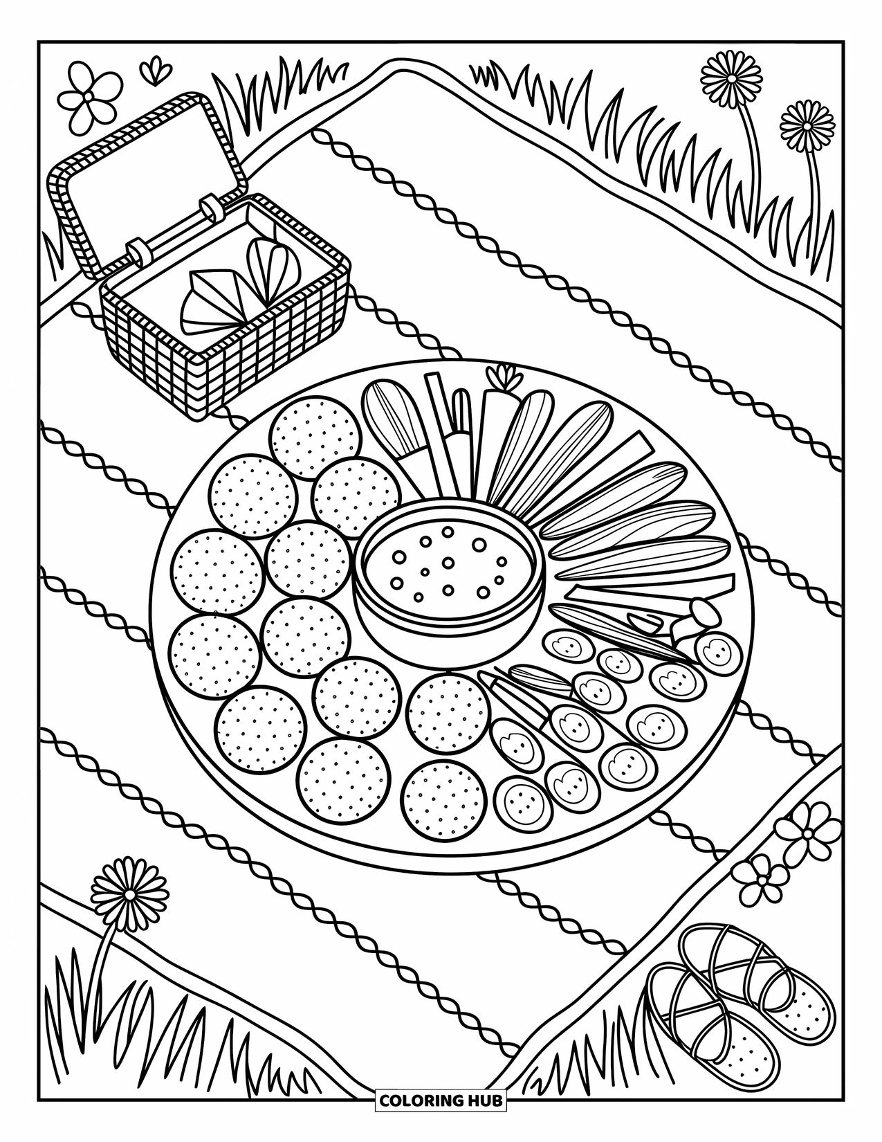 Chicken Nugget Coloring Page for Adults: A cheerful picnic spread with nuggets, sauce, and fresh vegetables