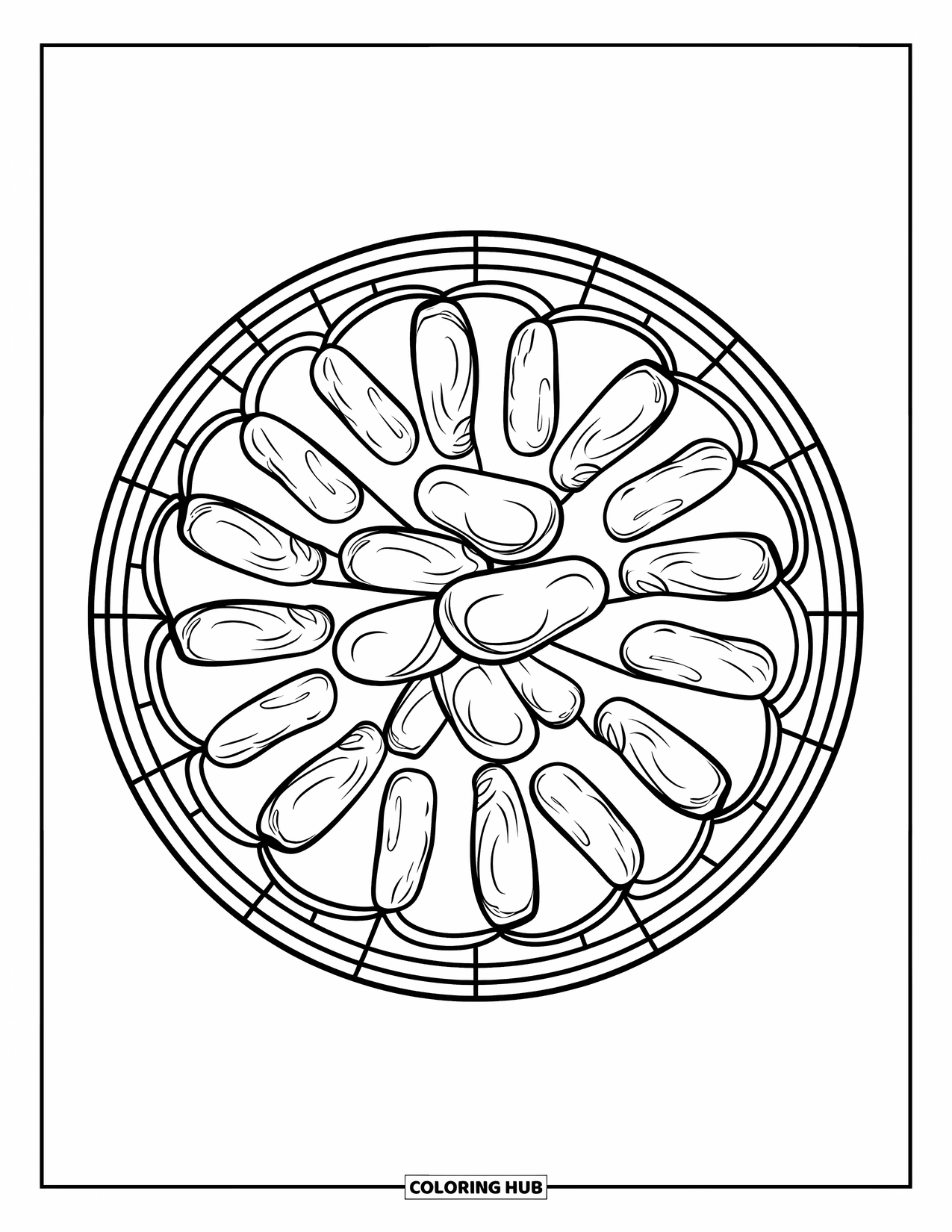 Chicken Nugget Coloring Page for Adults: A circular stained glass design featuring chicken nuggets in neat rows