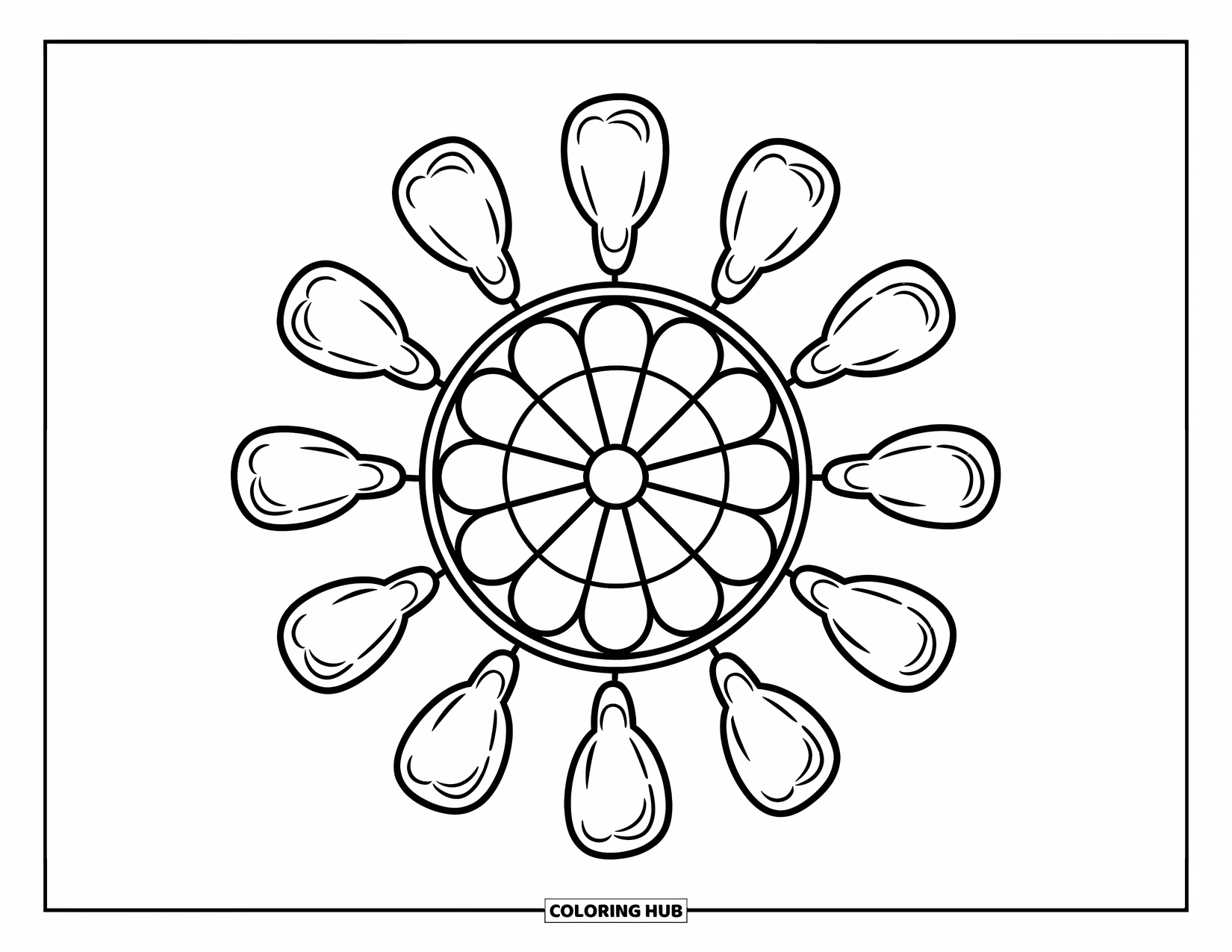 Chicken Nugget Coloring Page for Adults: A circular window framed by nuggets with elegant arches and bold lines