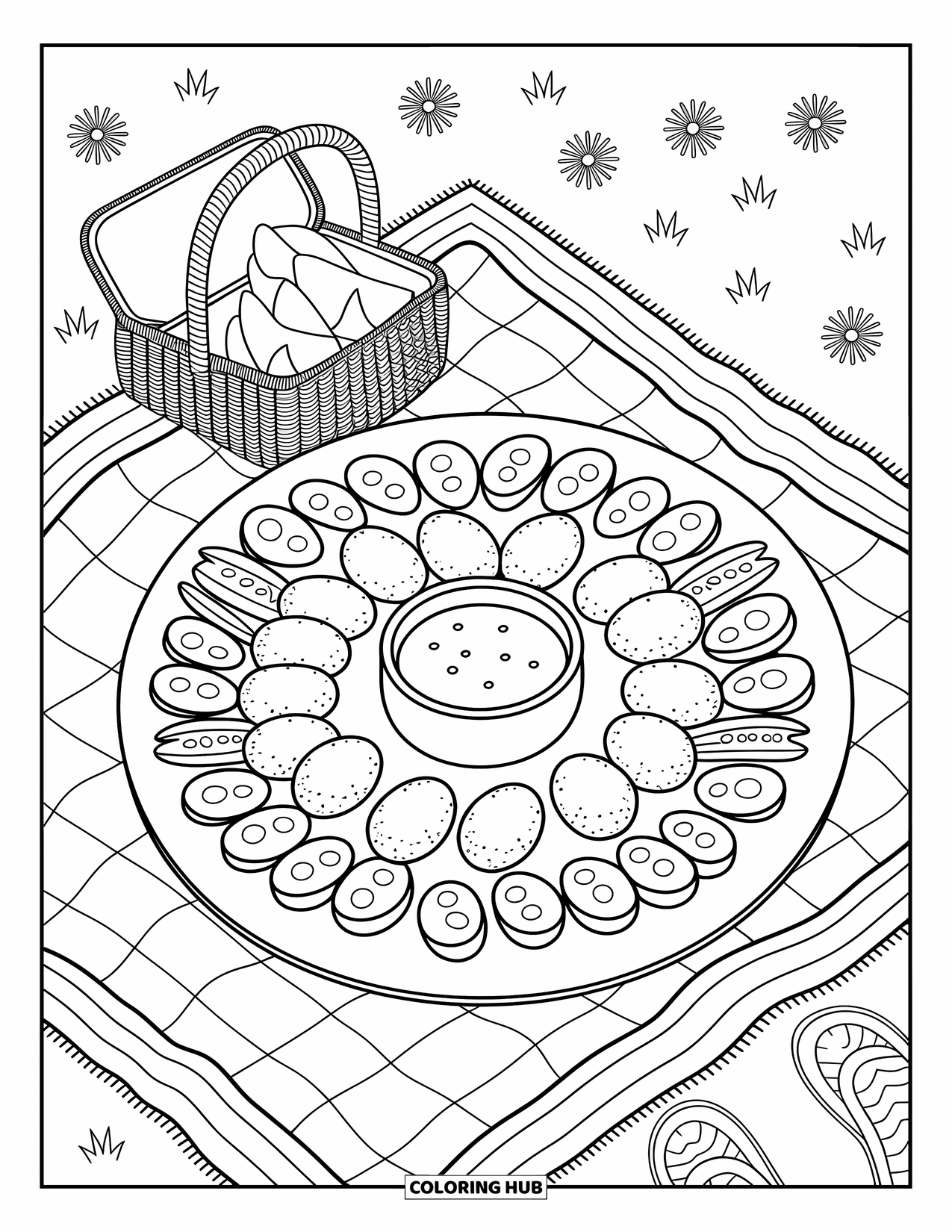 Chicken Nugget Coloring Page for Adults: A cute picnic scene with nuggets, veggies, and a small picnic basket