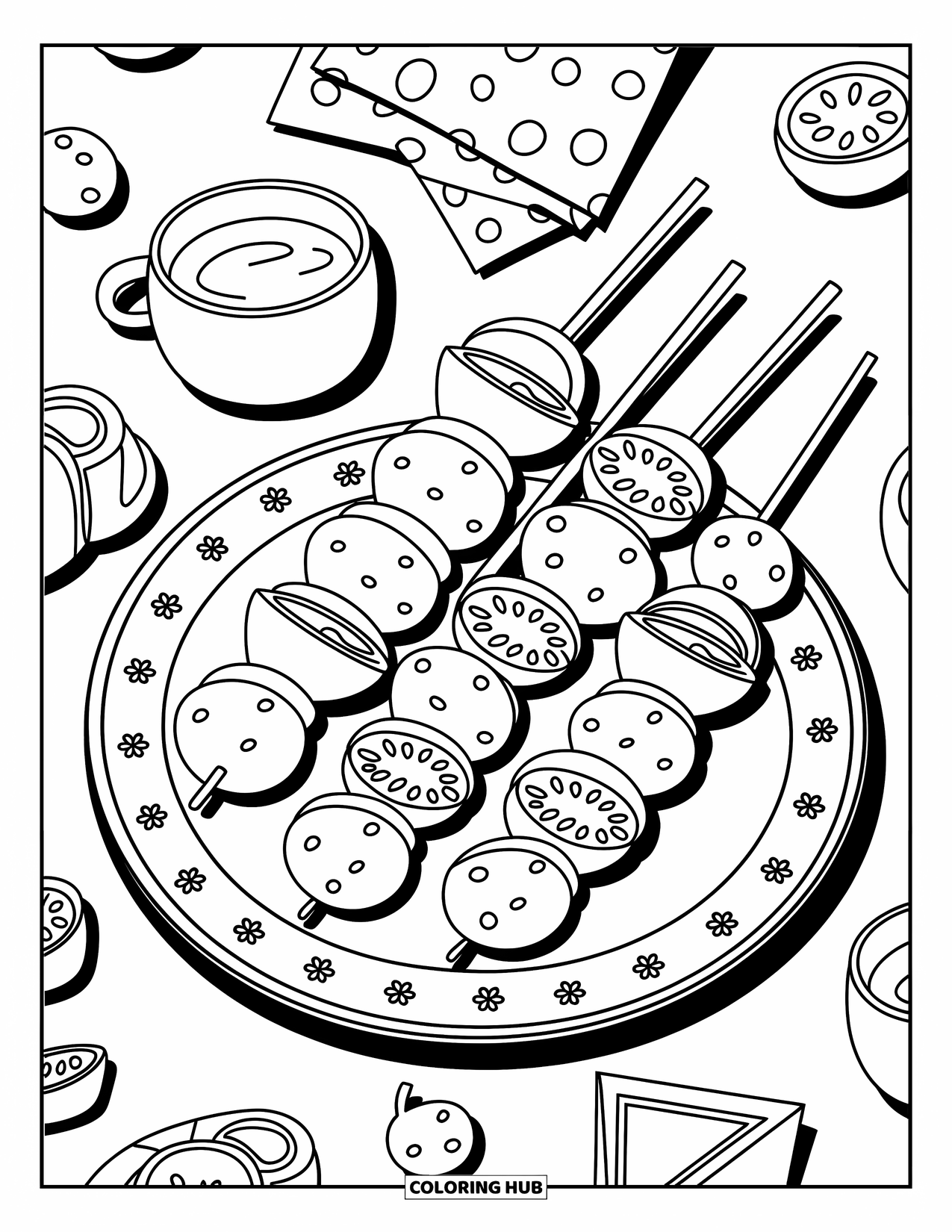 Chicken Nugget Coloring Page for Adults: A cute skewer plate with nuggets, veggies, and a small cup of sauce