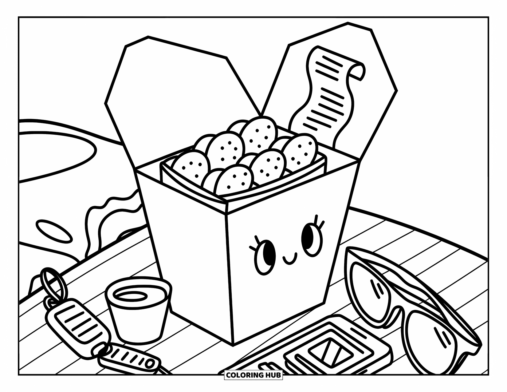 Chicken Nugget Coloring Page for Adults: A cute takeout bag with nuggets, sauce, and sunglasses on a seat