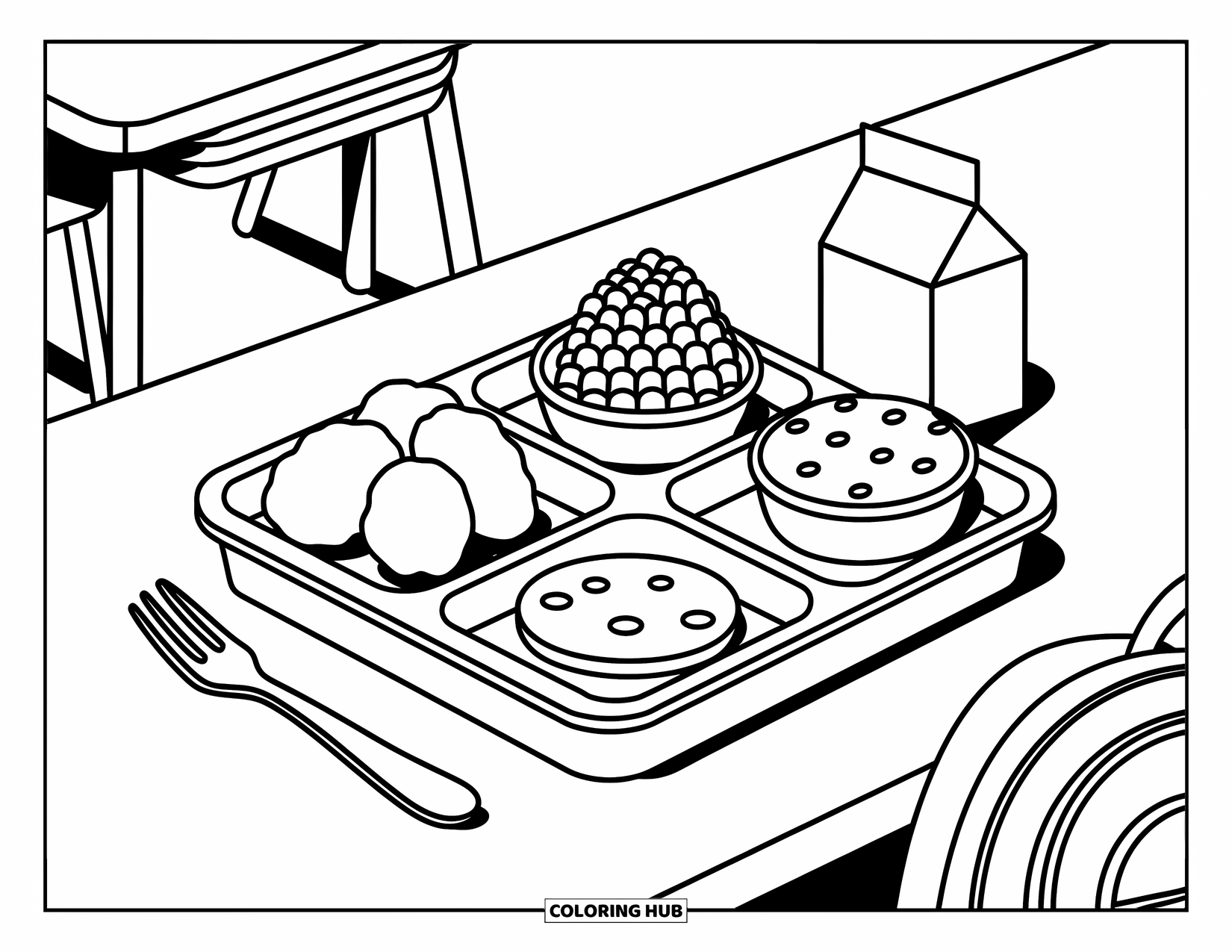 Chicken Nugget Coloring Page for Adults: A fun school lunch with nuggets, corn, and a small milk carton