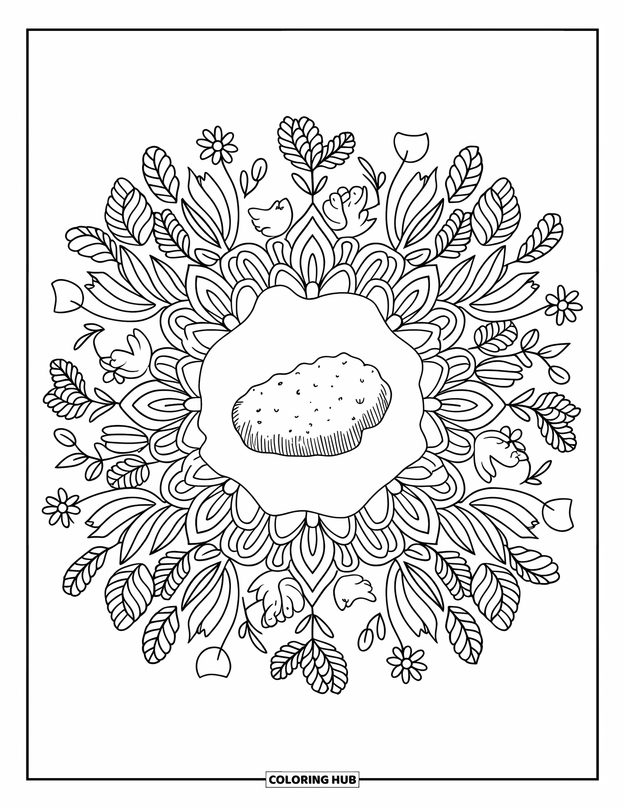 Chicken Nugget Coloring Page for Adults: A nugget in the center of a leafy mandala with tiny chickens and eggs