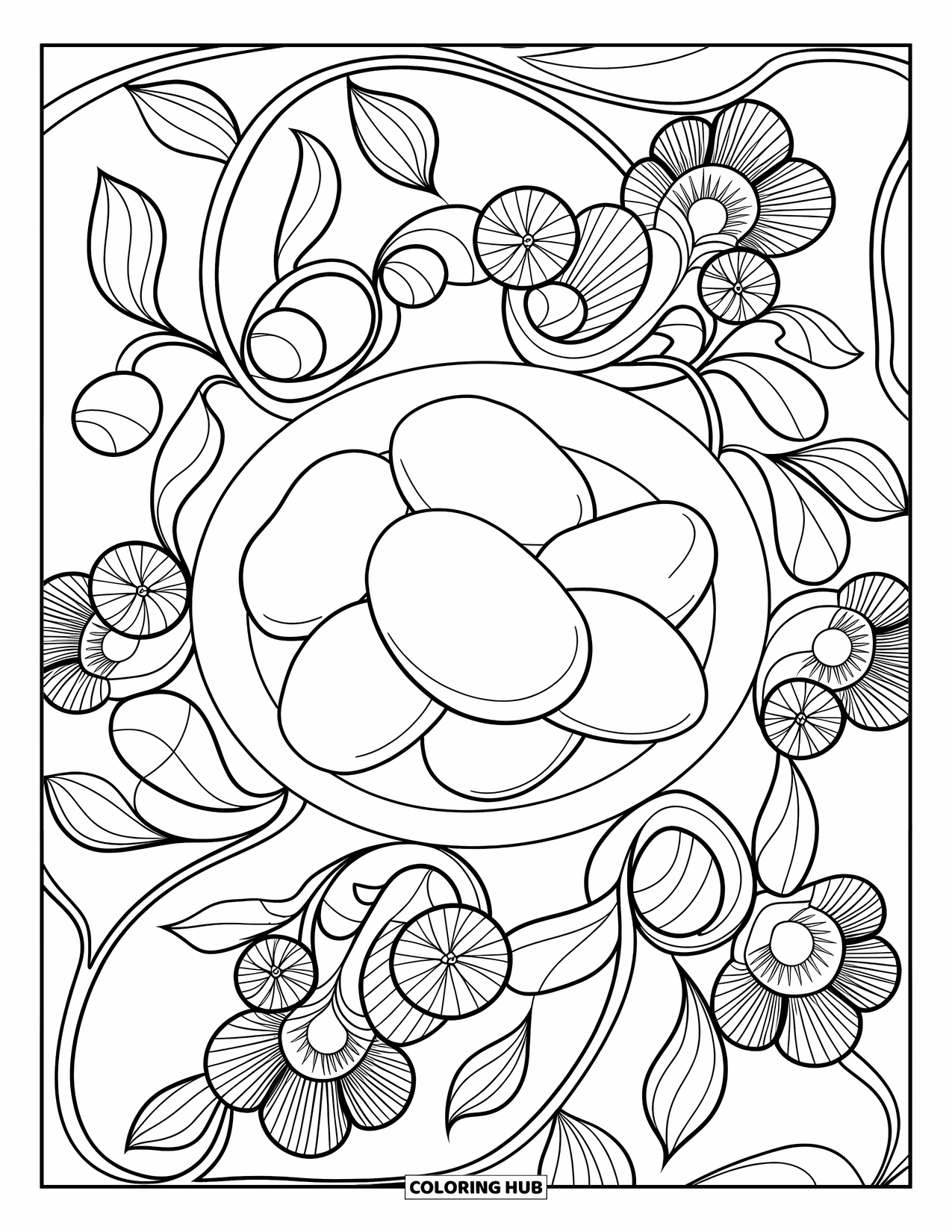 Chicken Nugget Coloring Page for Adults: A plate of nuggets encircled by intricate floral mandala patterns
