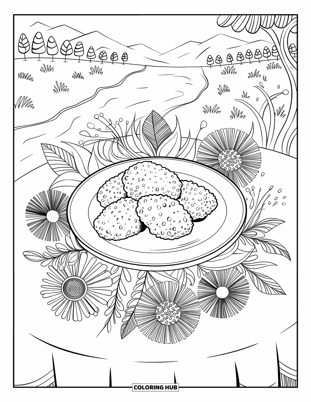Chicken Nugget Coloring Page for Adults: A plate of nuggets surrounded by floral mandala shapes and leaves