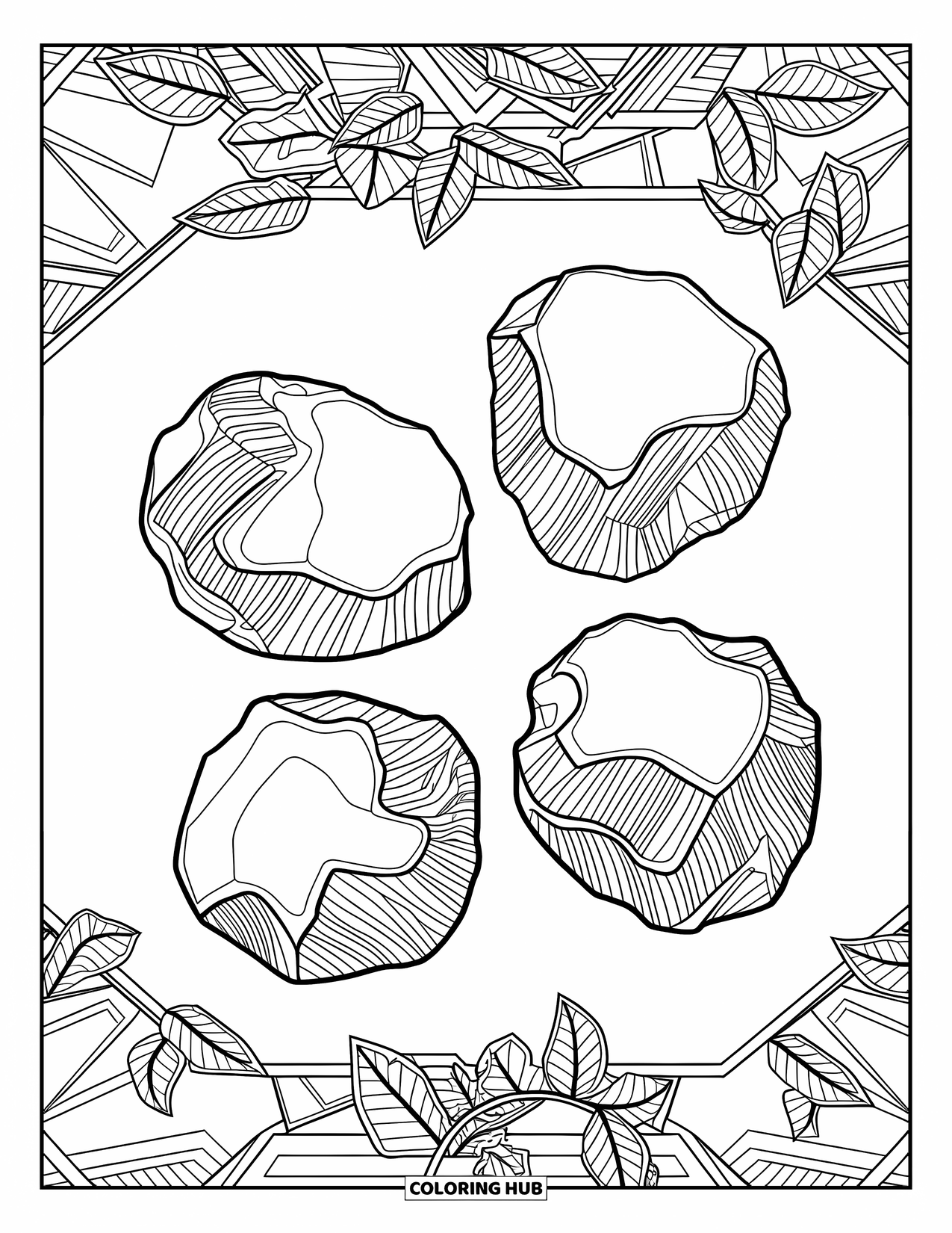 Chicken Nugget Coloring Page for Adults: A plate of nuggets surrounded by ivy, leaves, and intricate border art