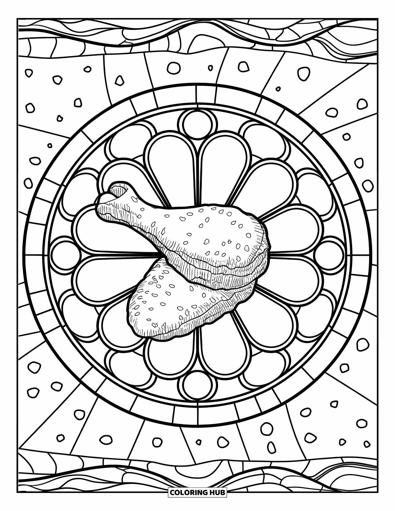Chicken Nugget Coloring Page for Adults: A round nugget pattern resembling stained glass on a textured surface