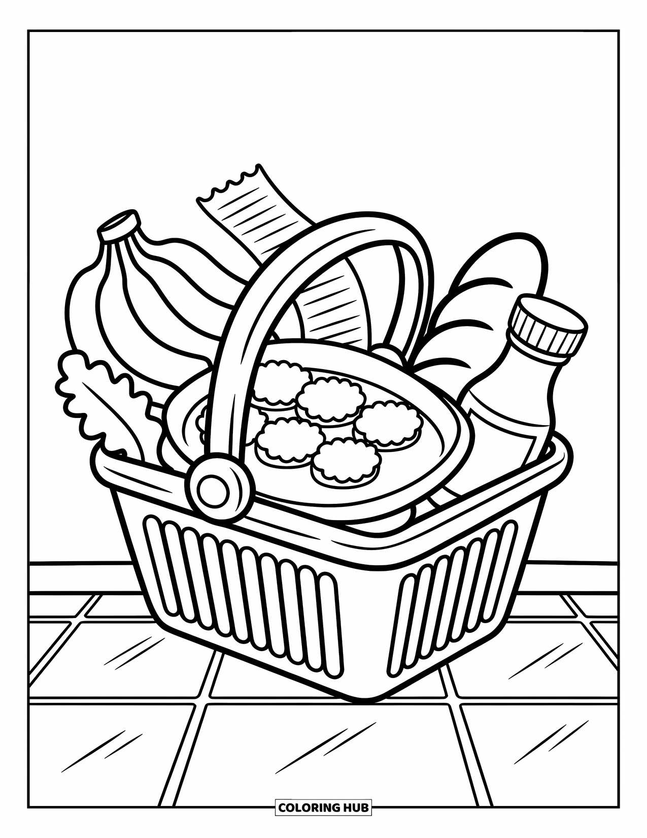 Chicken Nugget Coloring Page for Adults: A shopping basket packed with nuggets, fruit, and a grocery receipt