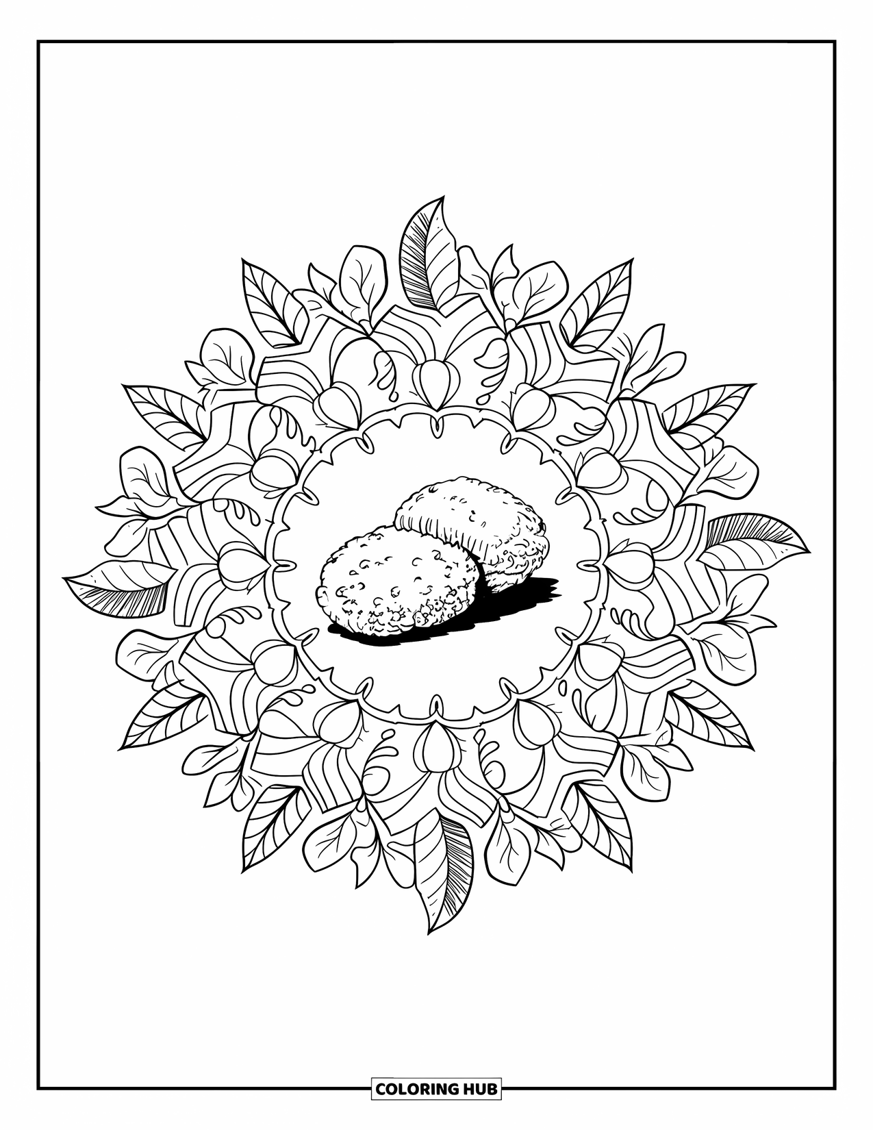 Chicken Nugget Coloring Page for Adults: A single nugget centered in a floral mandala of vines and blossoms