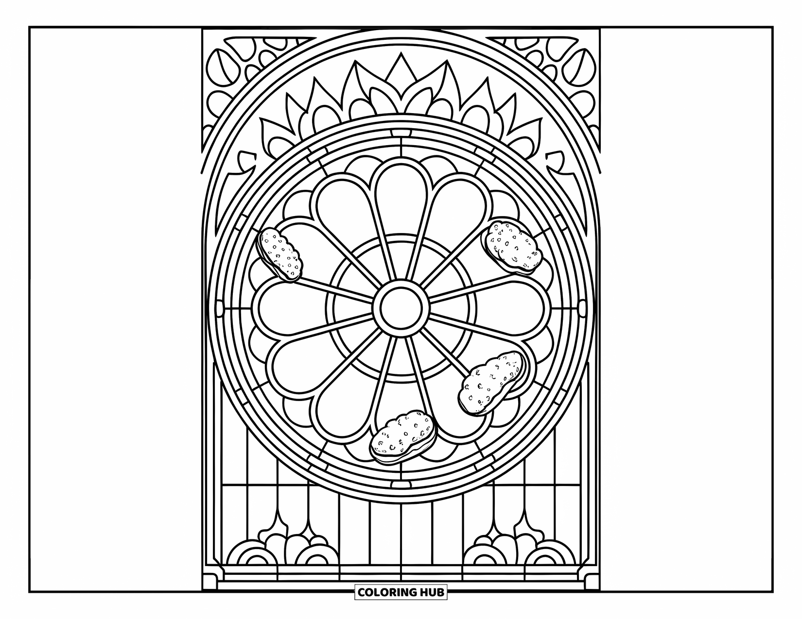 Chicken Nugget Coloring Page for Adults: A stained glass rose window decorated with nuggets and detailed patterns