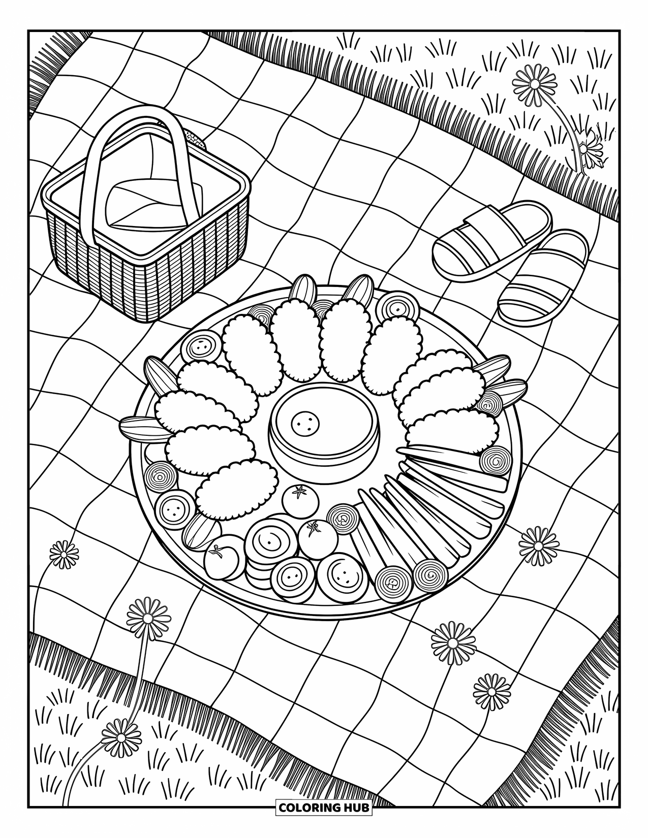 Chicken Nugget Coloring Page for Adults: A sunny picnic setup with nuggets, tomatoes, and a basket of treats