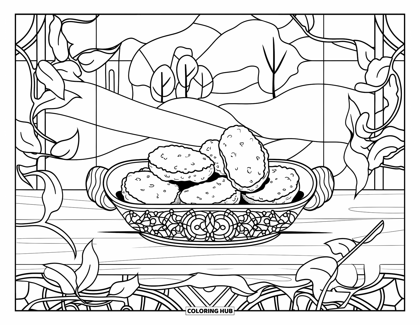 Chicken Nugget Coloring Page for Adults: An ornate dish of nuggets surrounded by leaves and vines in stained glass