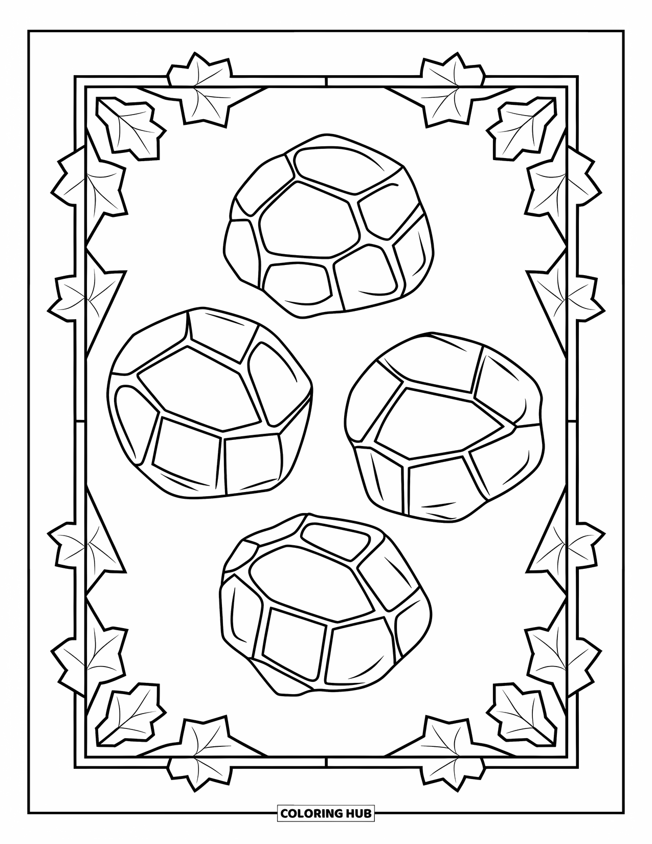 Chicken Nugget Coloring Page for Adults: Four nuggets framed by ivy and geometric shapes in a clean design