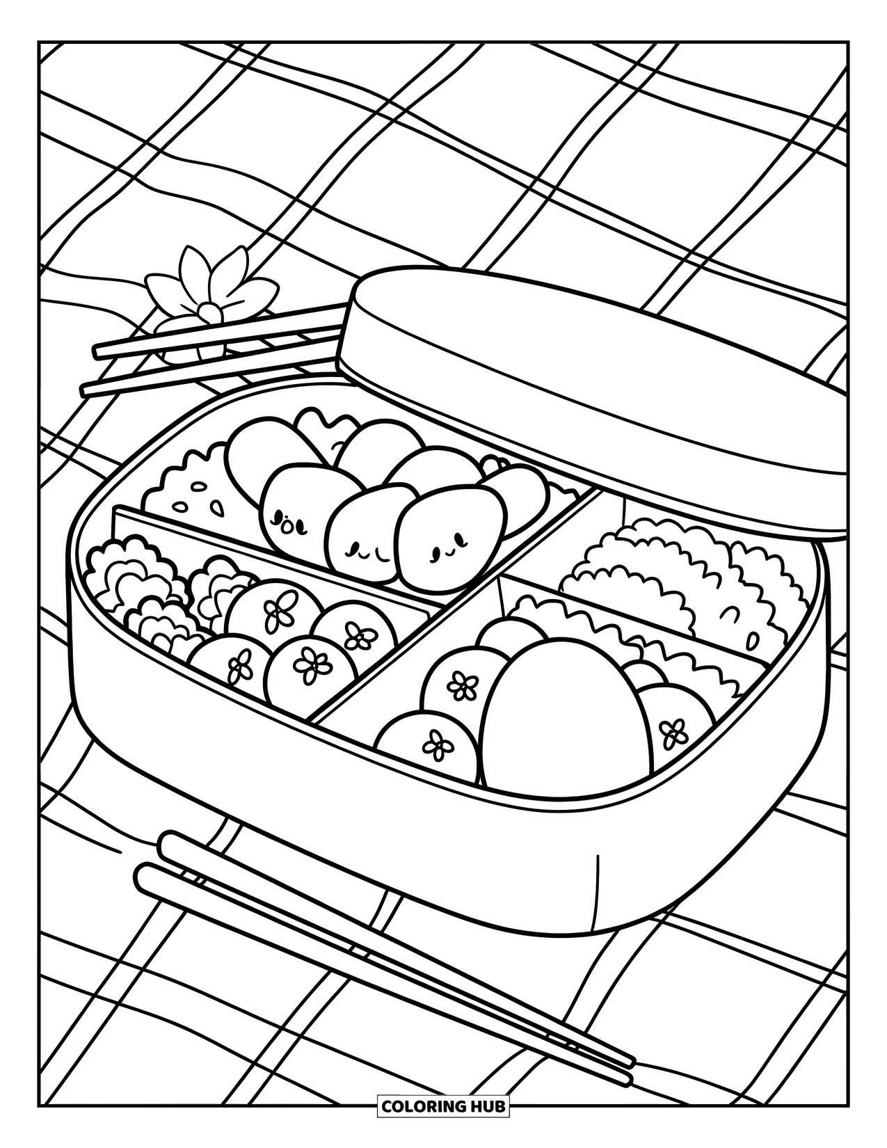 Chicken Nugget Coloring Page for Kids: A bento box filled with nuggets, veggies, and a flower beside it