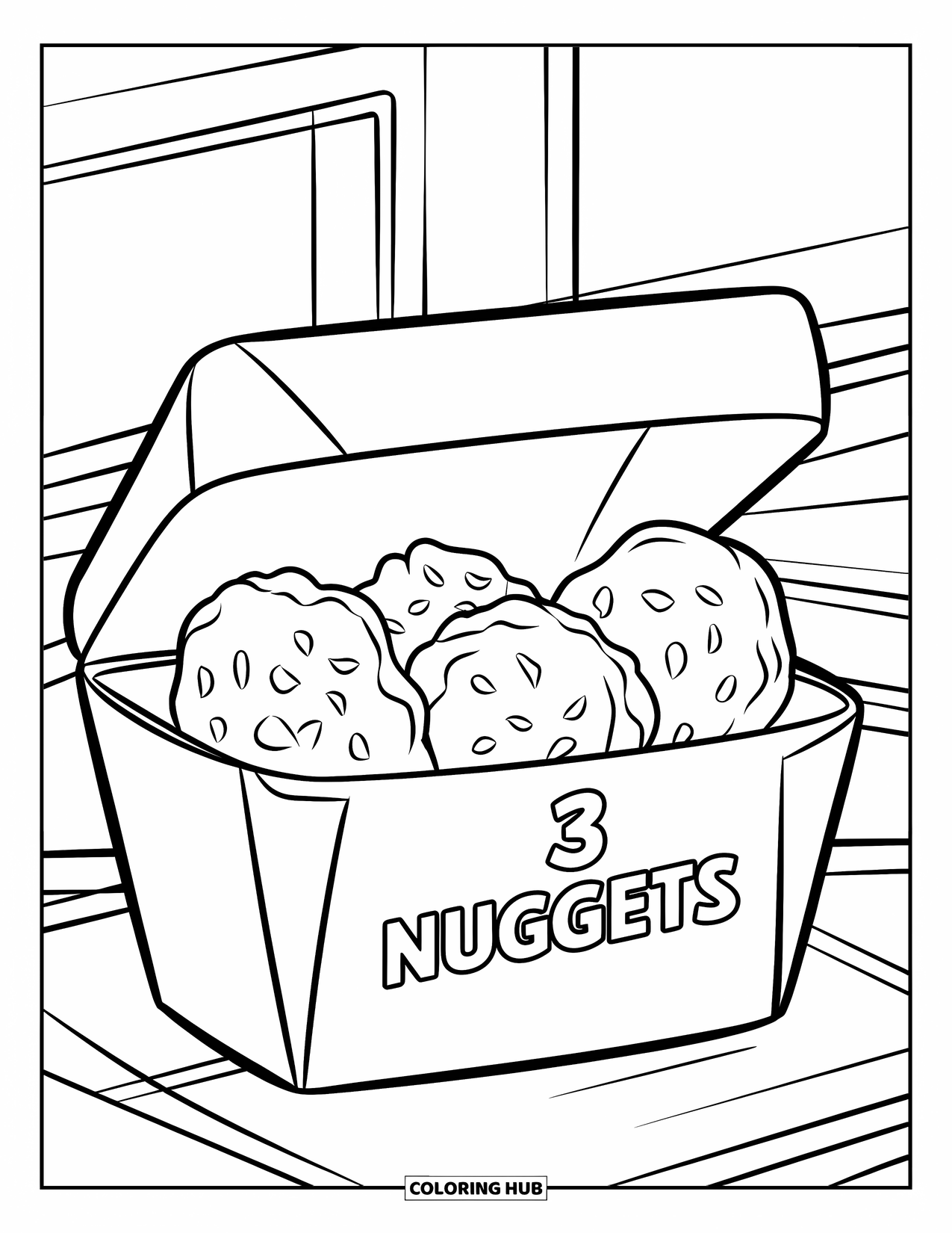 Chicken Nugget Coloring Page for Kids: A box labeled "3 Nuggets" filled with crispy nuggets ready to eat