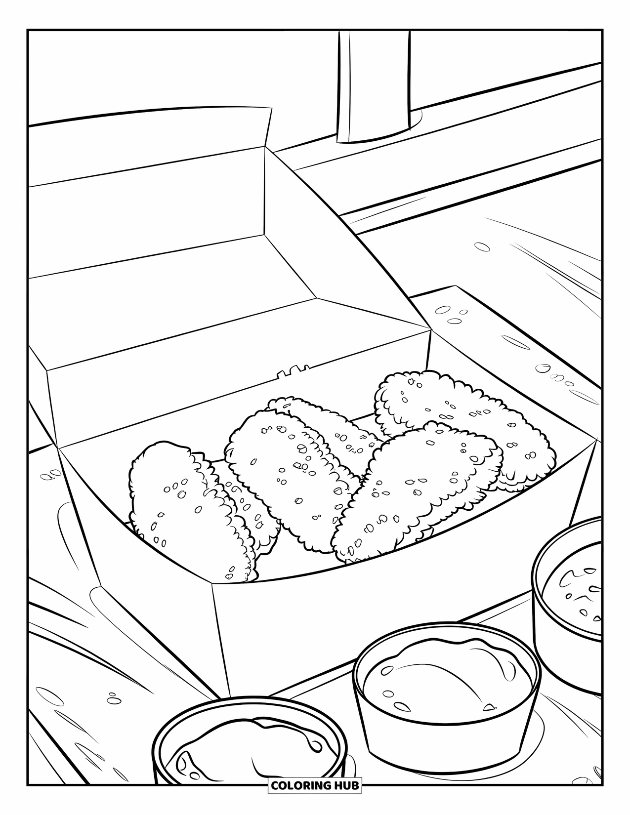 Chicken Nugget Coloring Page for Kids: A box of crispy nuggets with colorful sauces and a simple layout