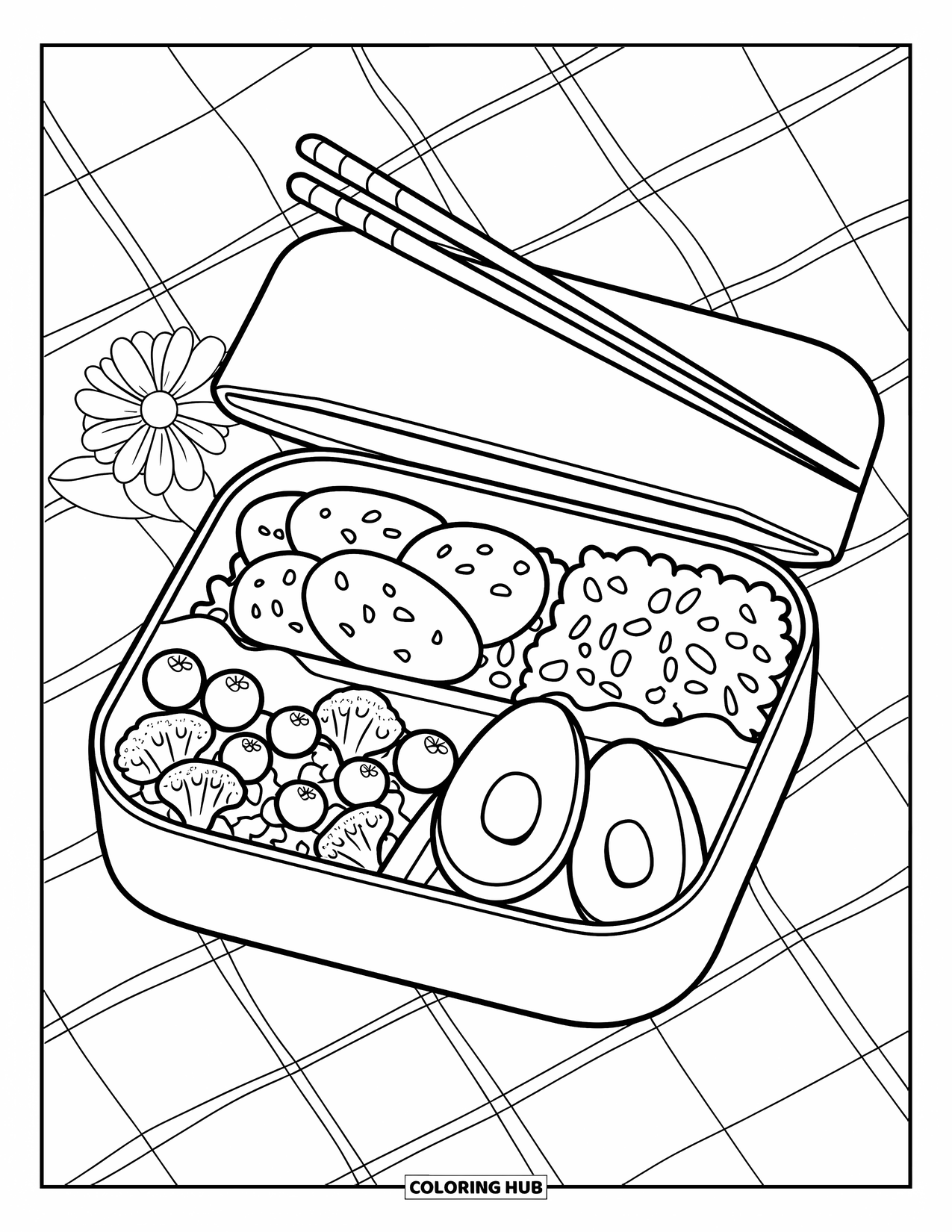 Chicken Nugget Coloring Page for Kids: A cheerful lunch bento with nuggets, rice, eggs, and chopsticks
