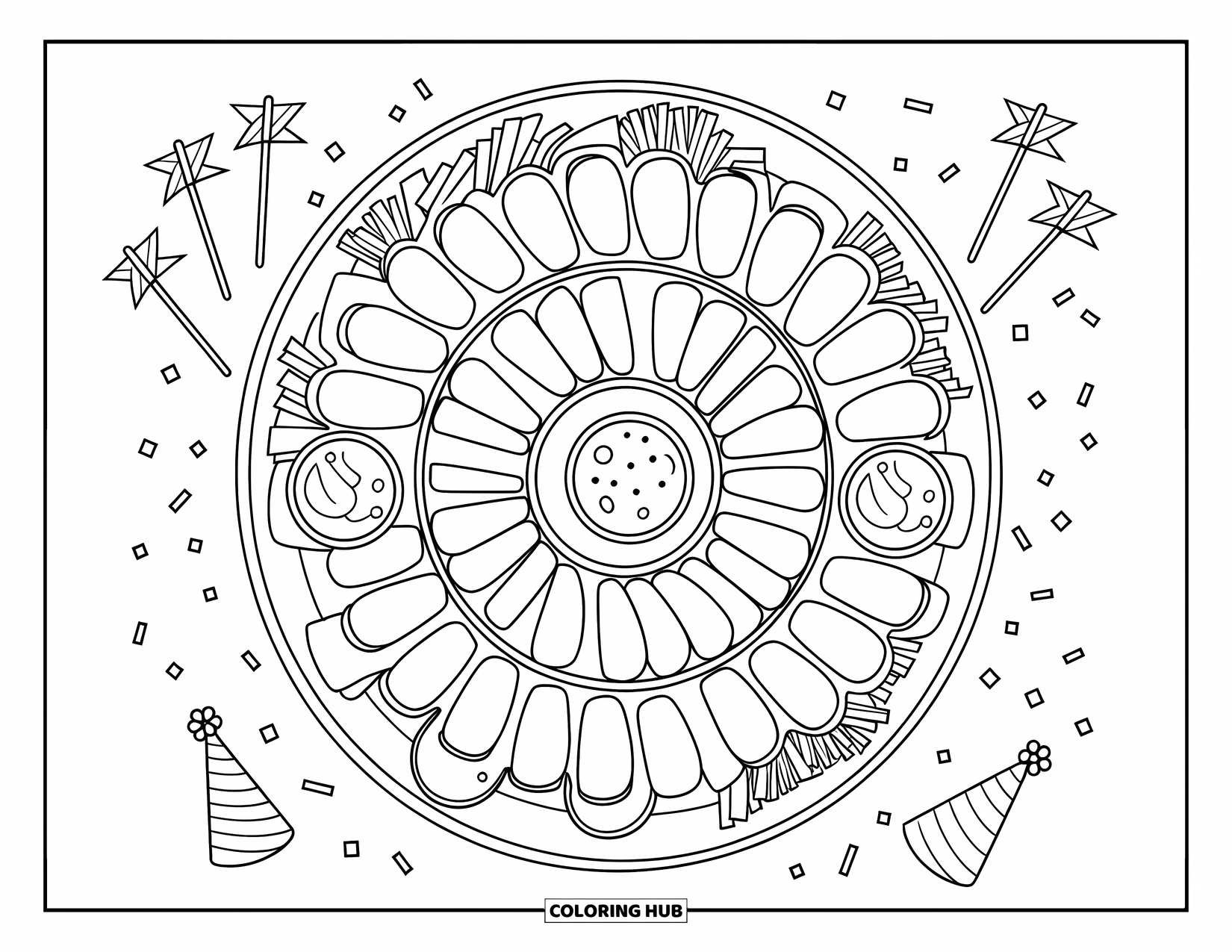 Chicken Nugget Coloring Page for Kids: A circular party tray filled with nuggets, dips, and fun decorations