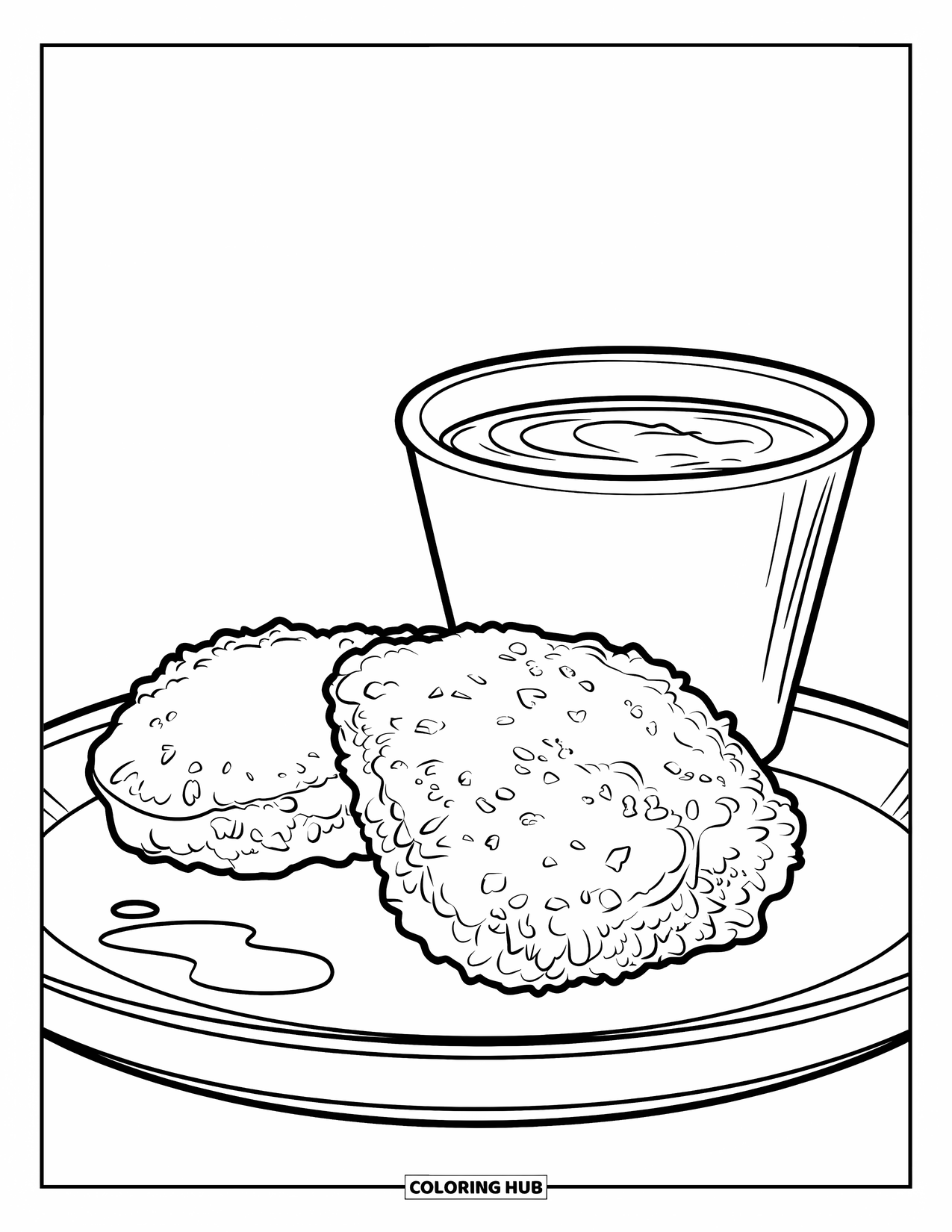 Chicken Nugget Coloring Page for Kids: A crispy nugget with dipping sauce on a plate for a fun design