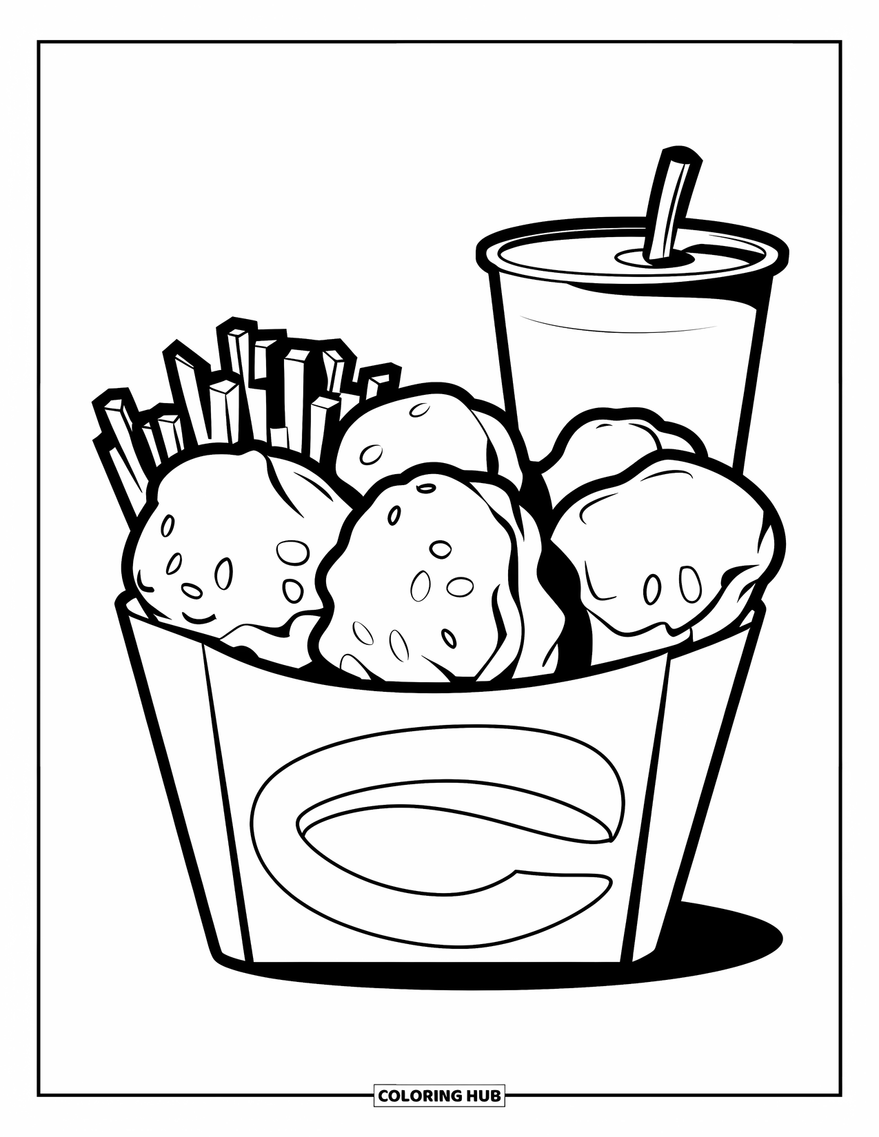Chicken Nugget Coloring Page for Kids: A fast food box filled with nuggets, fries, and a drink combo