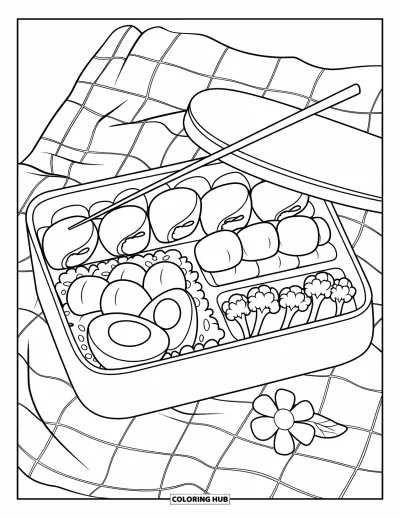 Kolorowanka z nuggetami dla dzieci: Kawaii bento z nuggetami, warzywkami i ryżem na piknikowym obrusie