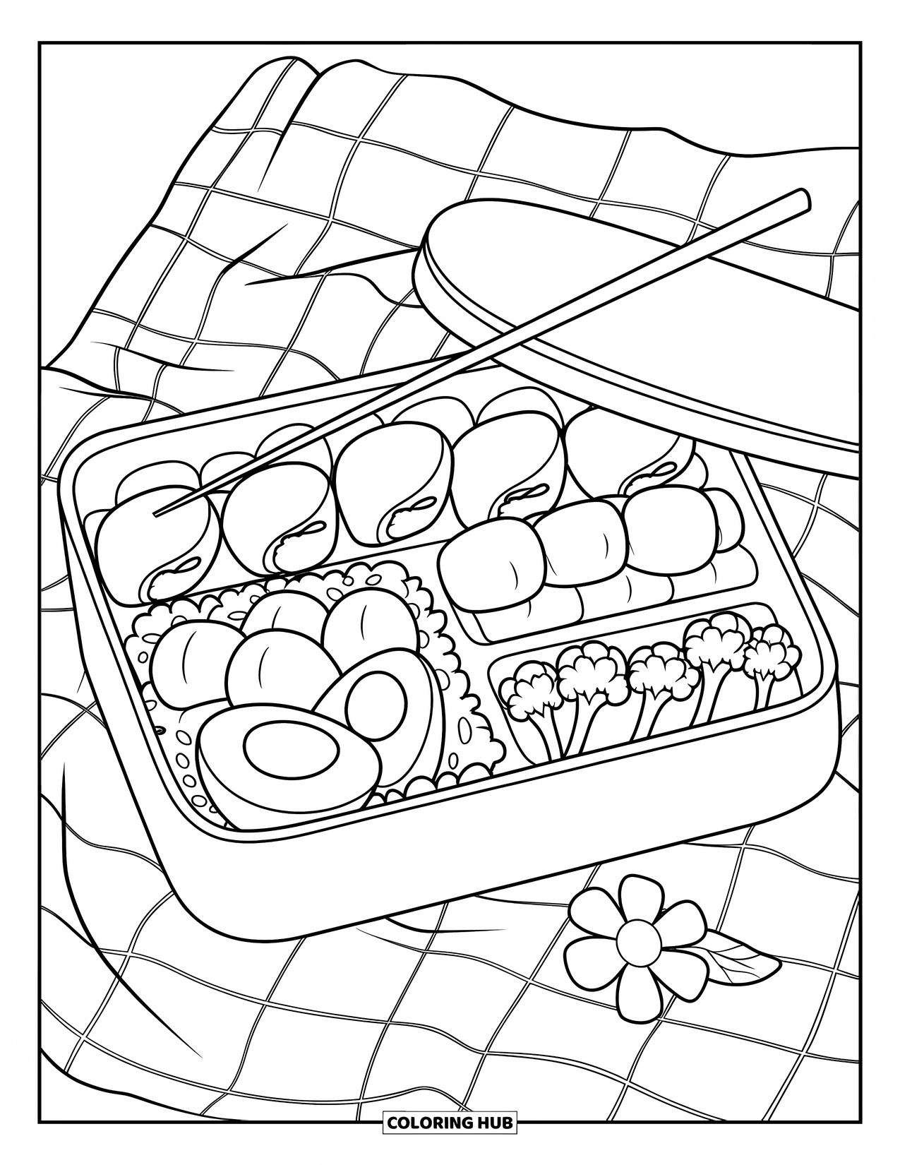 Chicken Nugget Coloring Page for Kids: A kawaii bento filled with nuggets, veggies, and rice on a picnic cloth