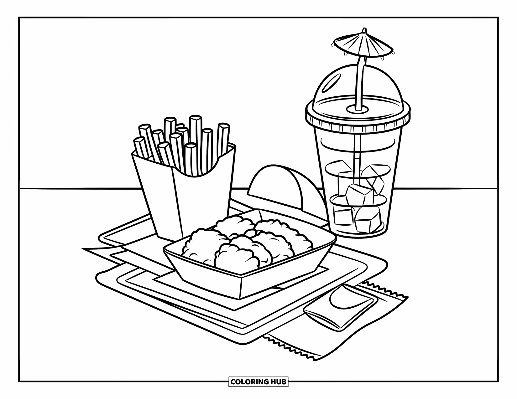 Chicken Nugget Coloring Page for Kids: A kawaii meal with nuggets, fries, and a drink with a tiny umbrella