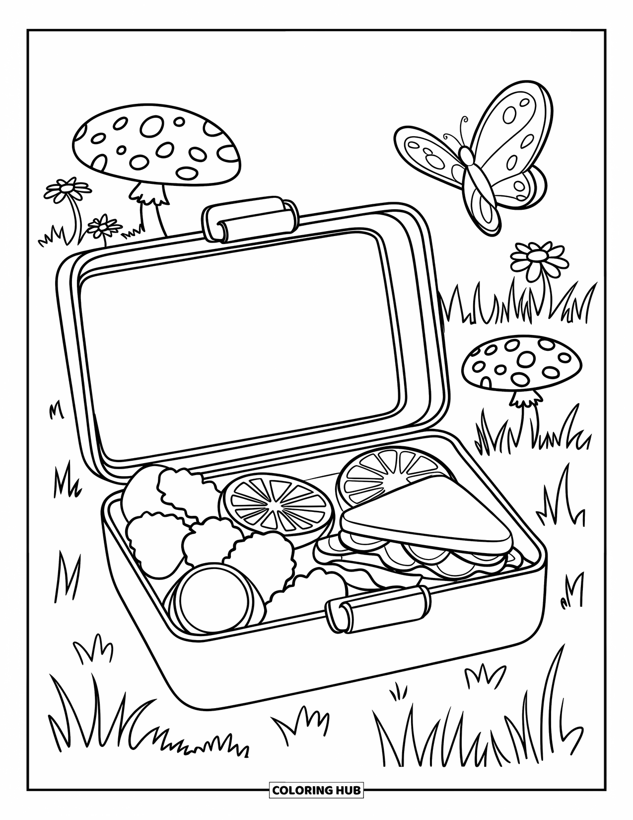 Chicken Nugget Coloring Page for Kids: A lunchbox picnic with nuggets, fruit, and a butterfly flying above