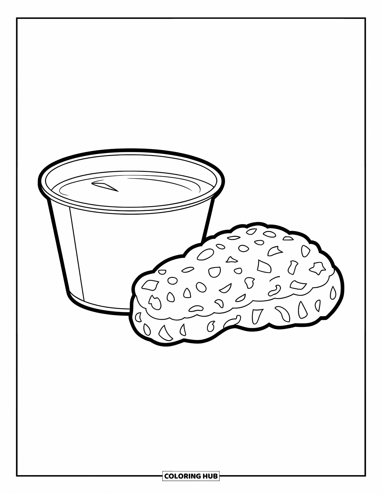 Chicken Nugget Coloring Page for Kids: A nugget beside a dipping cup of sauce in a playful style