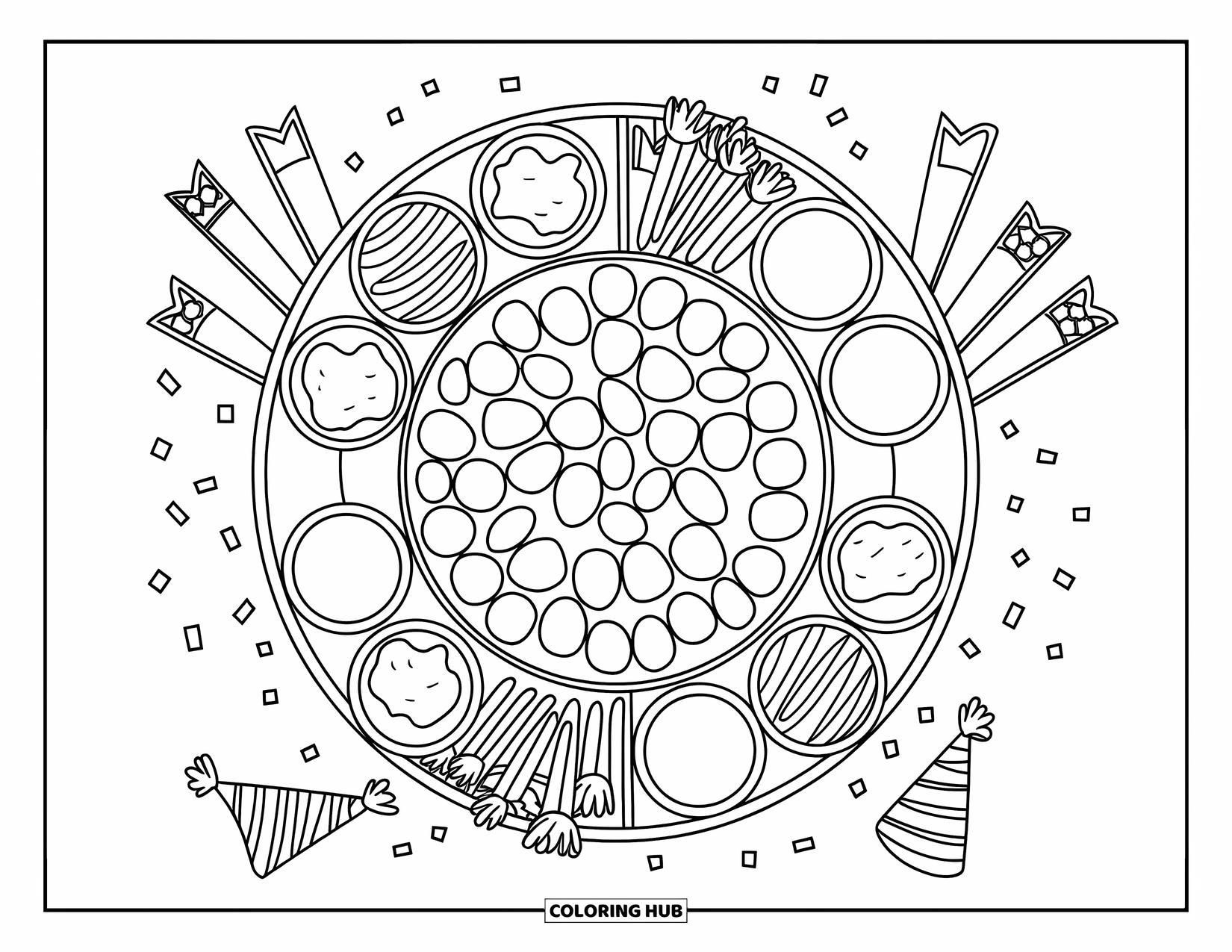 Chicken Nugget Coloring Page for Kids: A round tray of nuggets with sauces, veggies, and confetti around it
