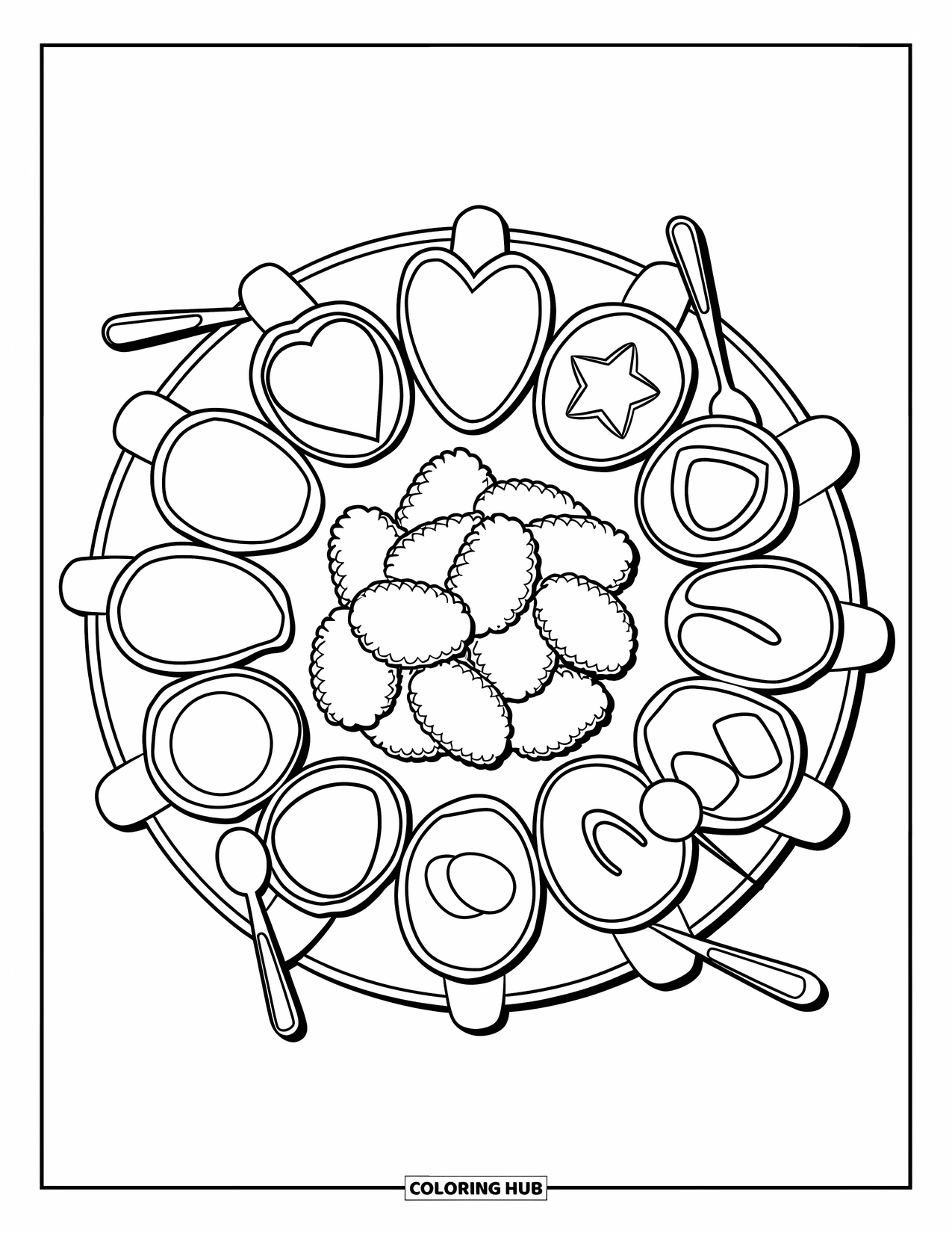 Chicken Nugget Coloring Page for Kids: A round tray of sauces shaped like hearts and stars around nuggets