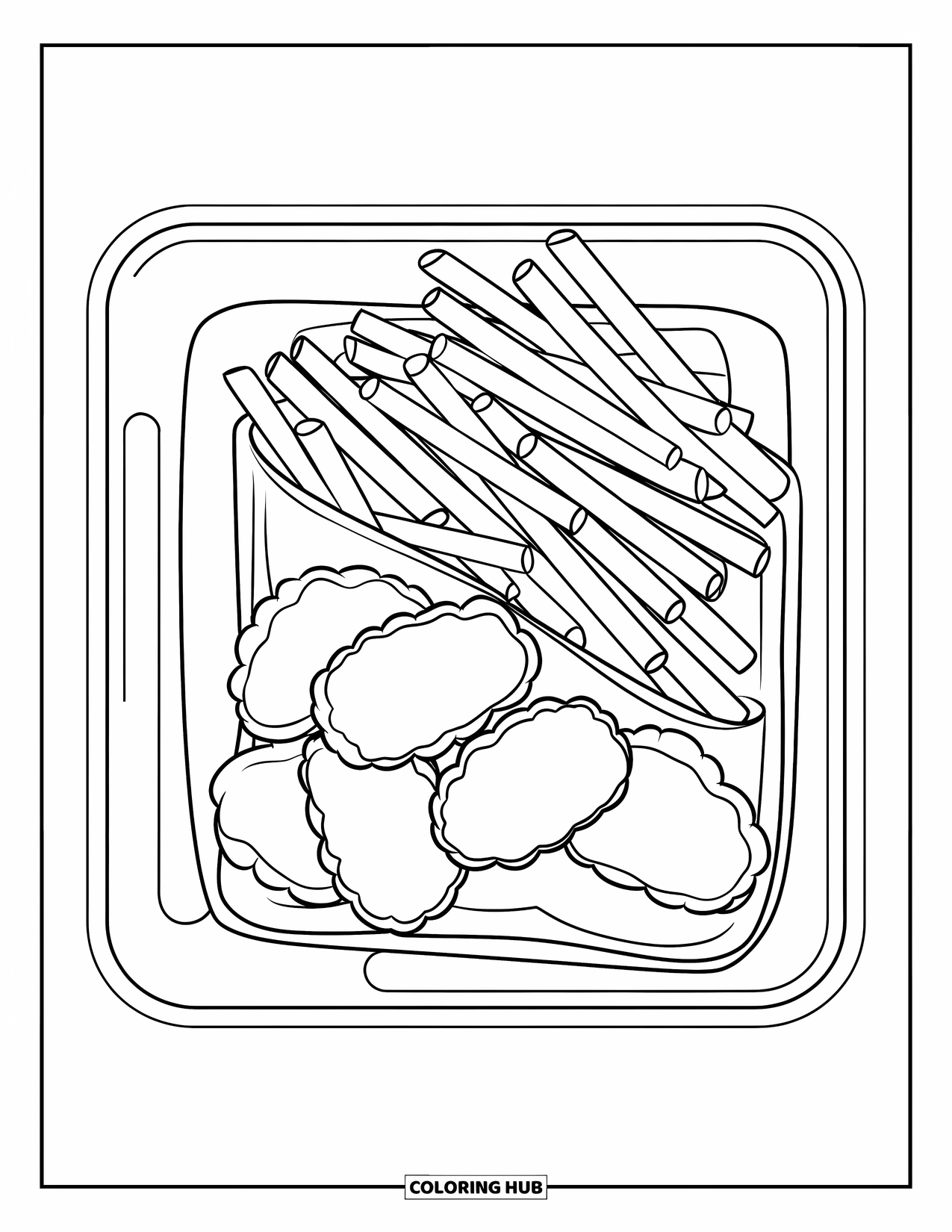 Chicken Nugget Coloring Page for Kids: A simple school lunch tray filled with nuggets and fries
