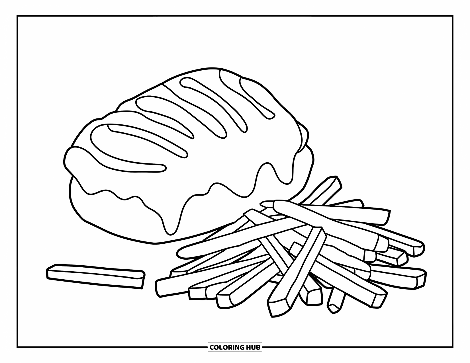 Chicken Nugget Coloring Page for Kids: A single nugget and fries sitting together in a happy meal scene