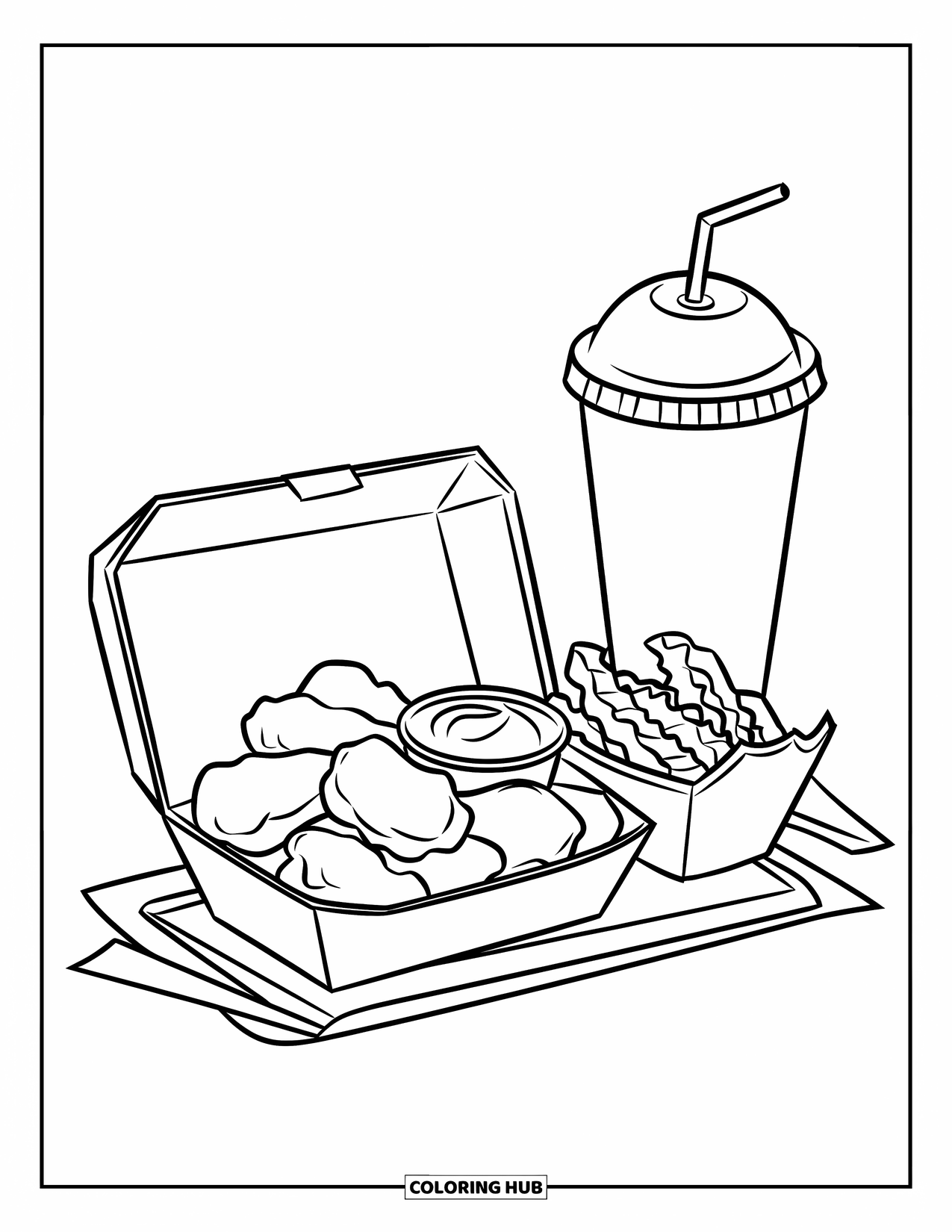 Chicken Nugget Coloring Page for Kids: An overhead view of nuggets, fries, and a drink cup on a tray