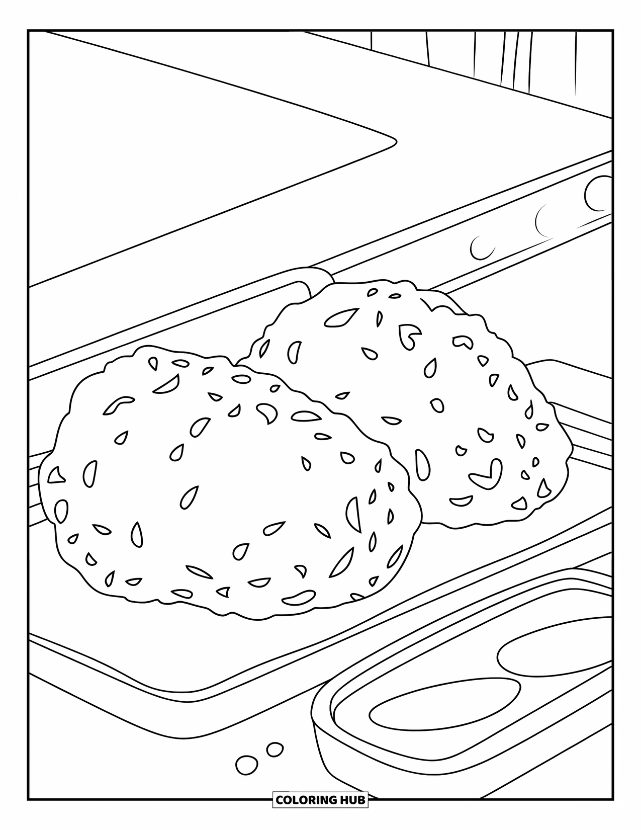 Chicken Nugget Coloring Page for Kids: Two nuggets and a dipping tray drawn simply and ready to color
