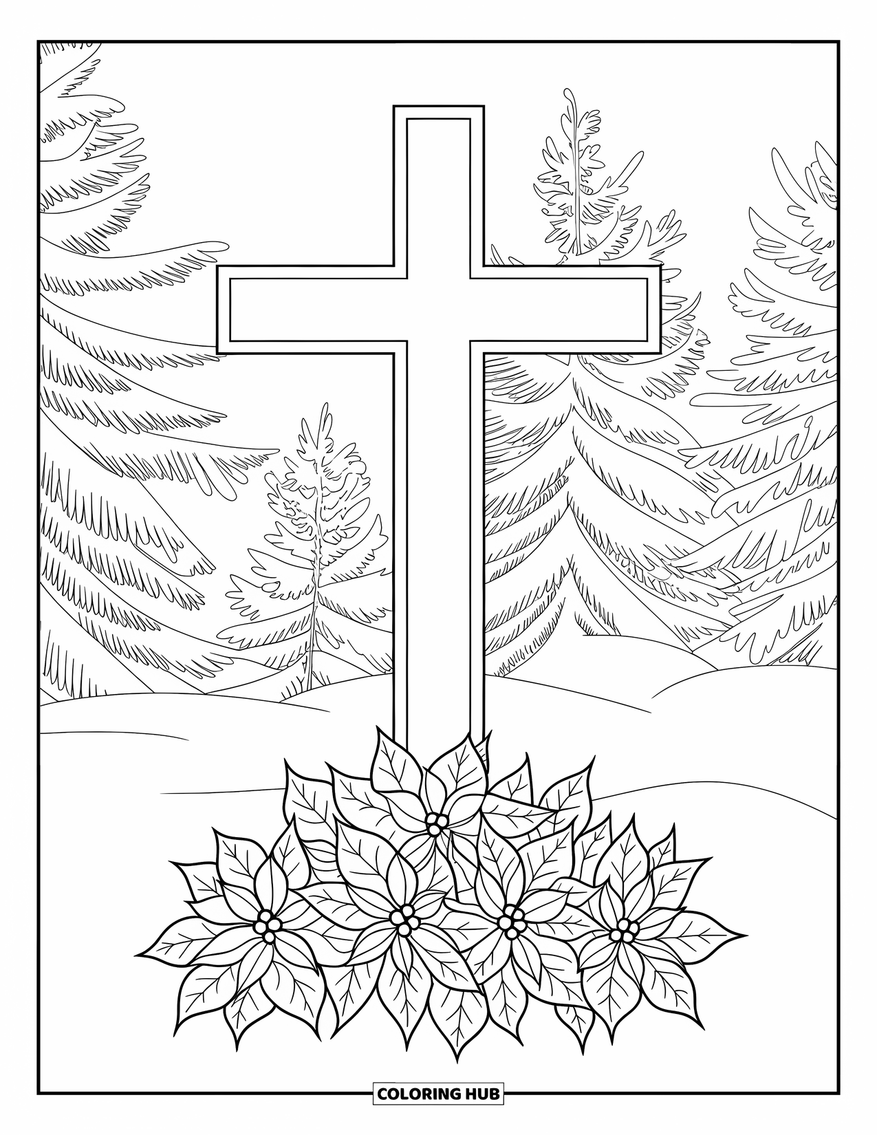 Christian Christmas Coloring Page for Adults: A cross in the snow glows softly with poinsettias and snowy pine trees nearby