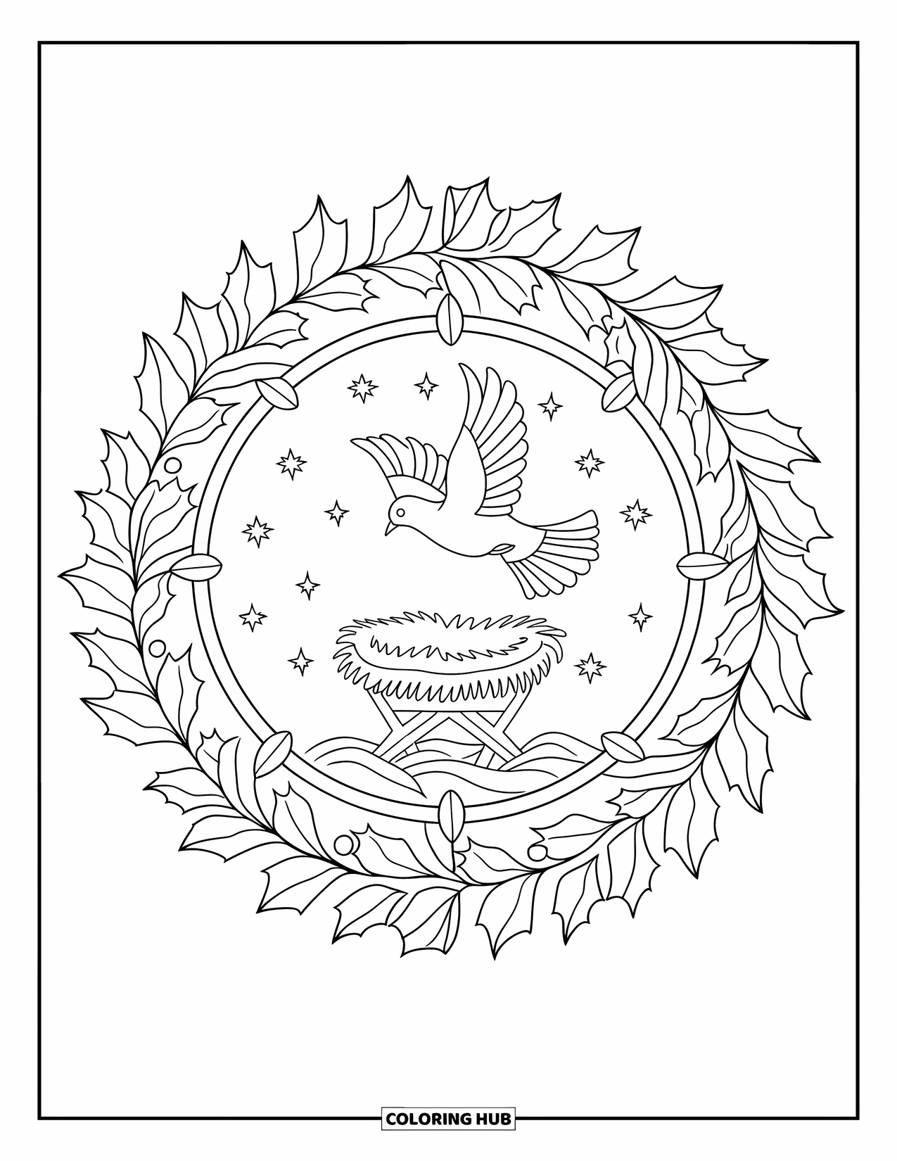 Christian Christmas Coloring Page for Adults: A dove above a manger rests inside a mandala with holly and stars all around