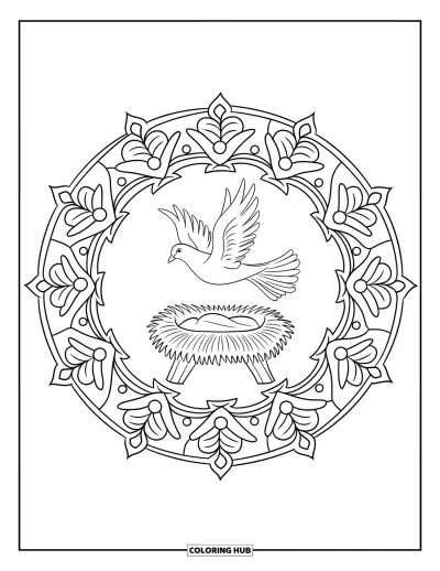 Coloriage de Noël chrétien pour adultes : Une colombe vole au-dessus d'une crèche dans un mandala fleuri sur fond blanc