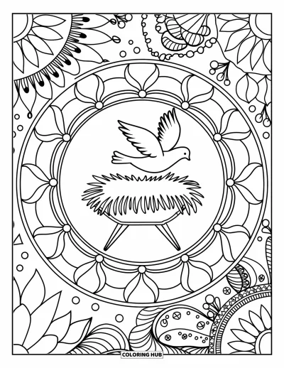 Coloriage de Noël chrétien pour adultes : Une colombe plane au-dessus d'une crèche, entourée de motifs dans un mandala fleuri