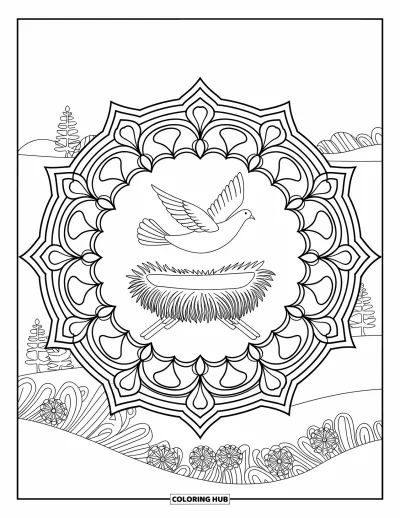 Coloriage de Noël chrétien pour adultes : Une colombe s'élève au-dessus d'une crèche entourée d'un mandala fleuri et d'un paysage apaisant