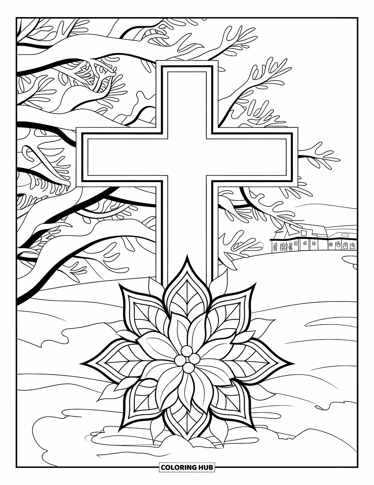 Christian Christmas Coloring Page for Adults: A snowy cross and poinsettia mandala appear among trees and a distant snowy building