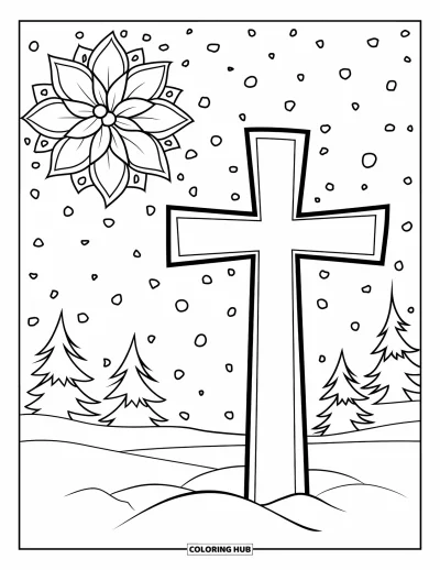 Coloriage de Noël chrétien pour adultes : Une croix enneigée se dresse près d'un mandala de poinsettias dans une forêt de Noël