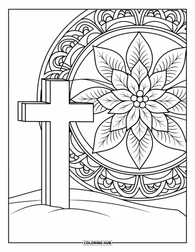 Coloriage de Noël chrétien pour adultes : Une croix enneigée se dresse près d'un mandala de poinsettias avec des arabesques tourbillonnantes