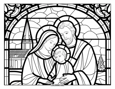 Coloriage de Noël chrétien pour adultes : Un panneau de vitrail représente la Sainte Famille avec une église à clocher en arrière-plan