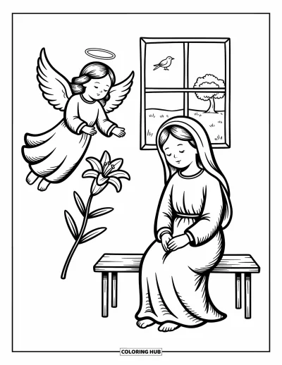 Coloriage de Noël chrétien pour adultes : Un ange tenant un lis salue Marie, avec un arbre et un oiseau visibles par la fenêtre