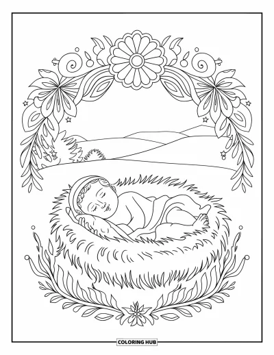 Coloriage de Noël chrétien pour adultes : L'enfant Jésus repose dans une crèche encadrée de fleurs et d'une vue sur une colline paisible