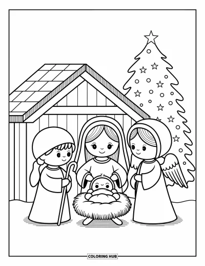 Coloriage de Noël chrétien pour adultes : Des enfants en costume jouent joyeusement une pièce de la Nativité avec de jolis détails de Noël